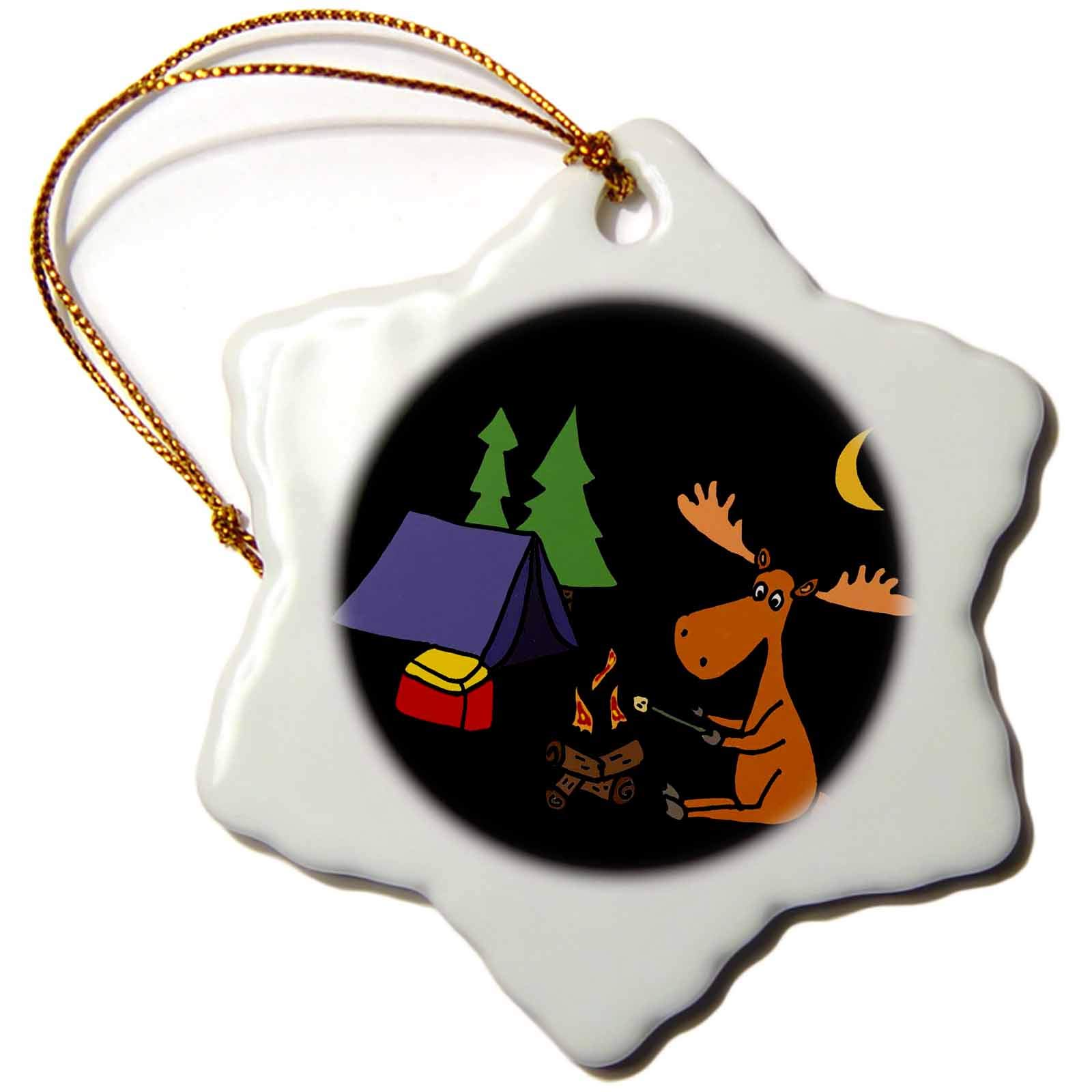 3D Rose Funny Moose Camping & Marshmallow Roasting Snowflake Ornament - 3 Inch Christmas Tree Decoration for Holiday, Winter, and Outdoor Enthusiasts