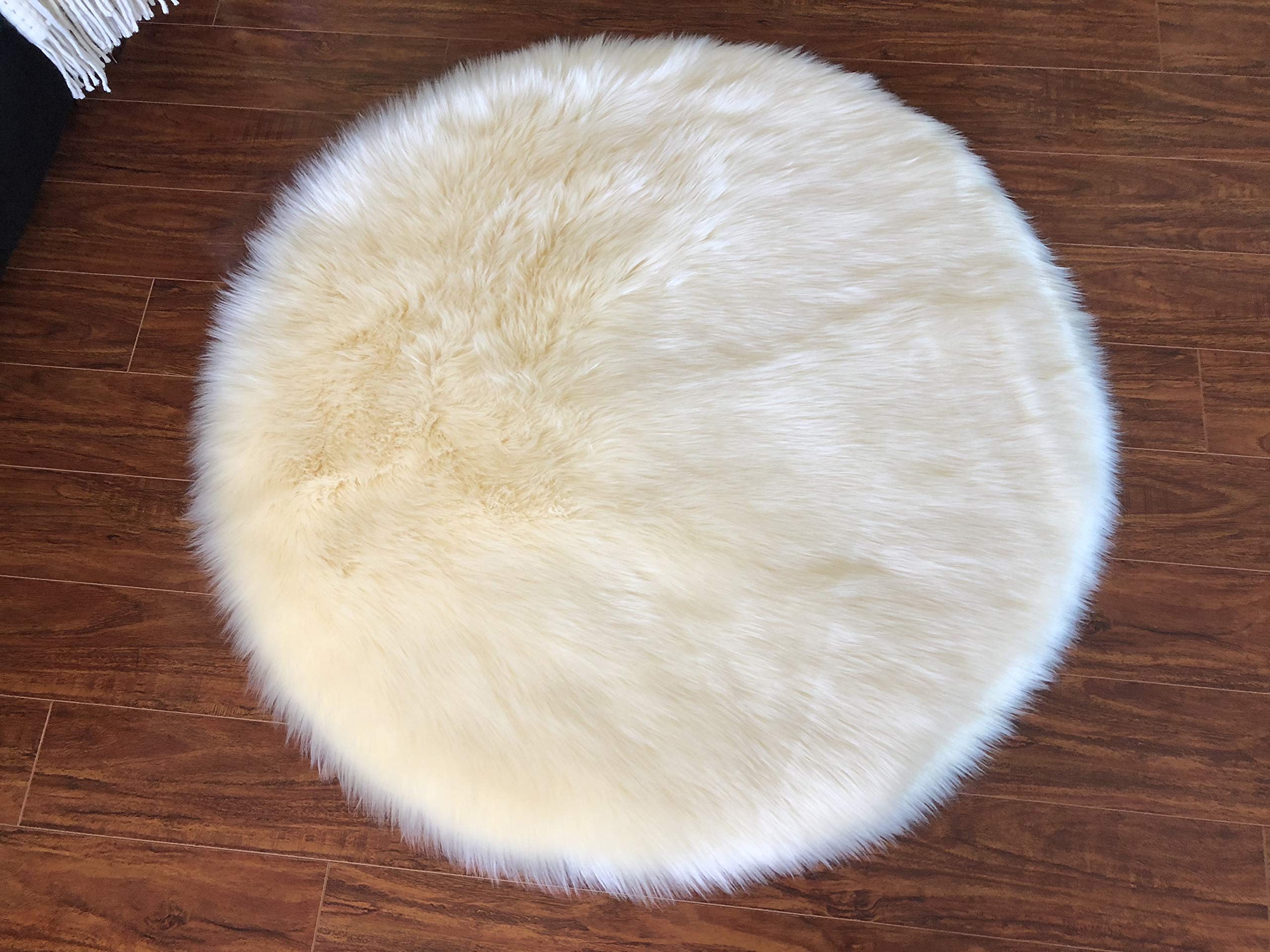 Luxury Faux Sheepskin Rug - Super Soft Hypoallergenic Plush Fur Carpet for Bedroom, Living Room, Nursery | Round Shaggy Silky Floor Mat (3.6ft/105cm, Cream) - Perfect for Cozy Home Decor, Kids Play Area & Sofa Accent