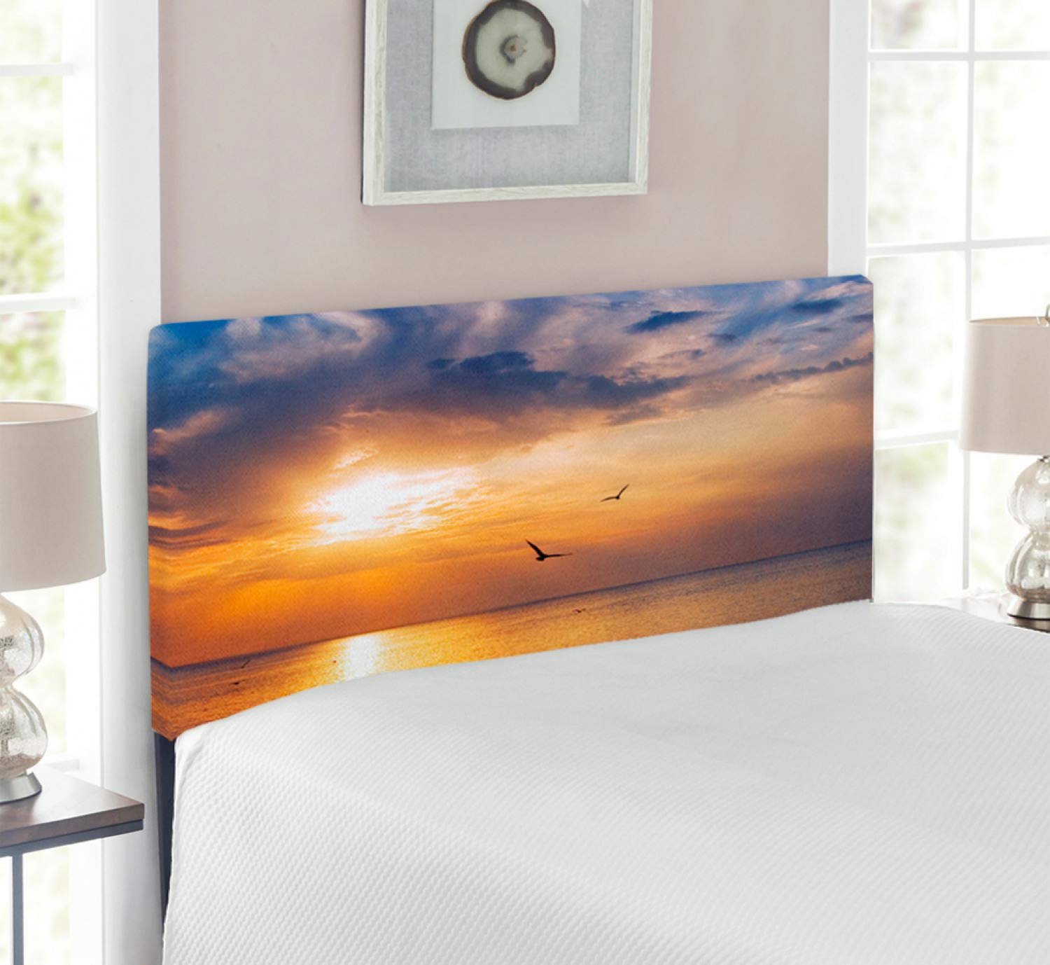 Ambesonne Birds Headboard - Early Morning Sunrise Over Ocean Panoramic Nature View, Upholstered Decorative Metal Bed Frame with Memory Foam, Twin Size in Blue & Orange - Perfect for Coastal Themed Bedrooms, Guest Rooms & Nature-Inspired Home Decor