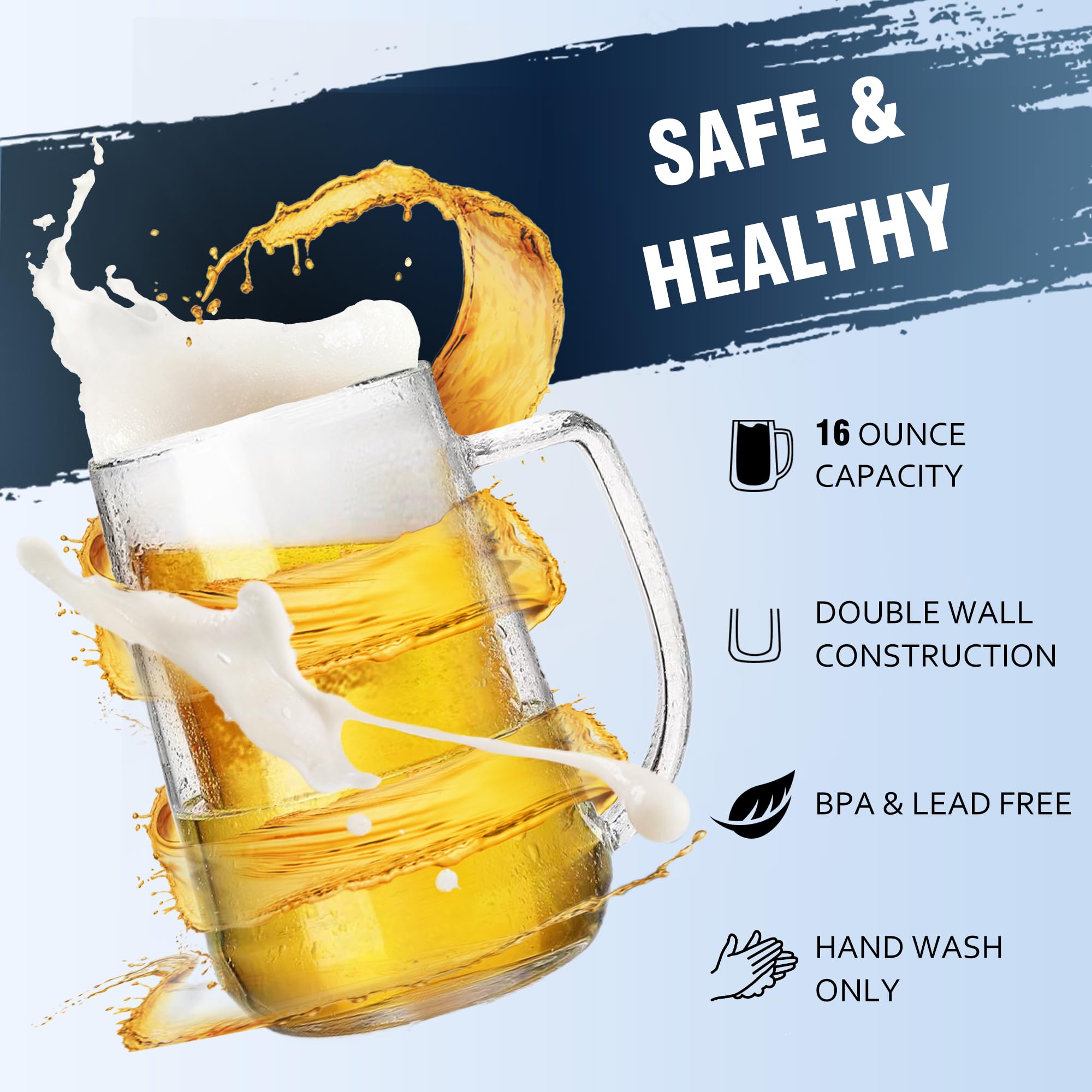 Freezer-Safe Double Wall Borosilicate Glass Beer Mug with Handle - 16 Oz Clear Ice Cup for Beer, Milk, Juice - Perfect for Chilled Drinks, Parties, and Home Bars