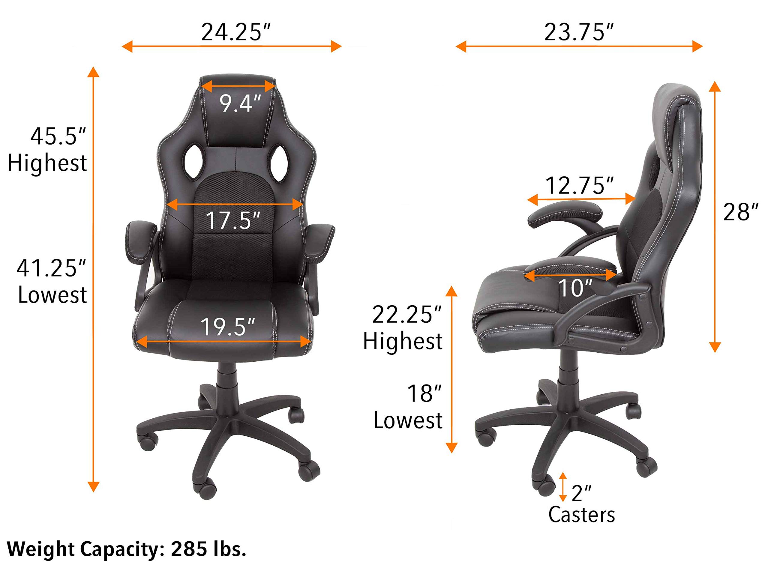 Ergonomic Office Chair with Lumbar Support - Adjustable Height & Reclining Back - Padded Seat & Headrest - Swivel Wheels - Faux Leather Desk Chair for Home & Office - Perfect for Long Work Hours, Gaming, and Remote Work (Black)