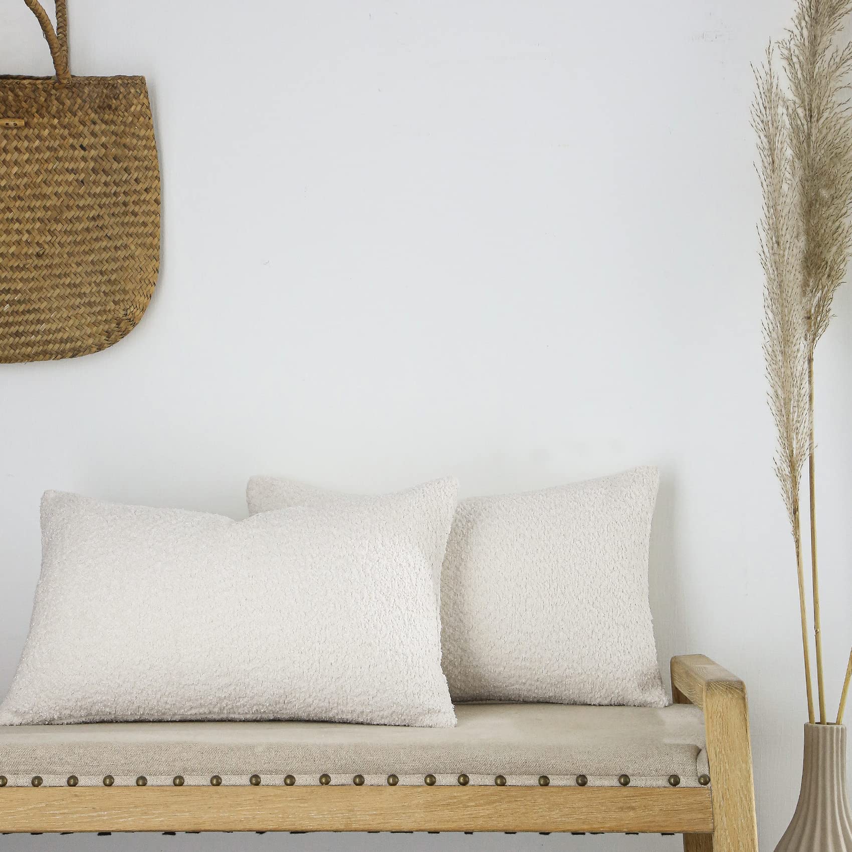 Farmhouse Throw Pillow Covers Set of 2 - 12x20 Inch Rustic Decorative Pillow Cases for Couch, Bed & Living Room - Neutral Cream White Textured Accent Cushions - Perfect for Farmhouse, Boho & Coastal Home Decor