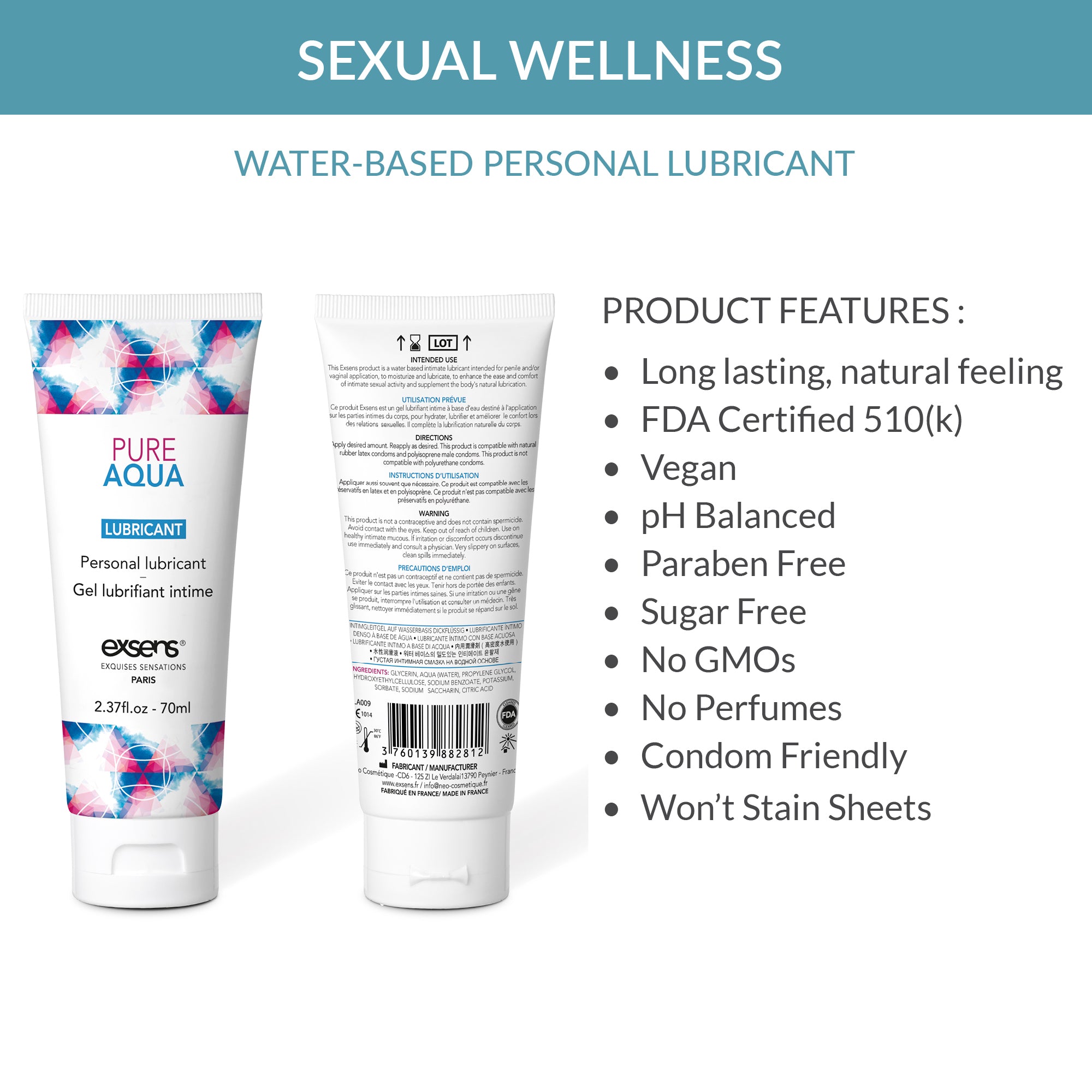 Exsens Premium Water-Based Personal Lubricant - pH Balanced Intimate Gel with All-Natural Vegan Ingredients, FDA Approved, 70ml (2.37 fl.oz) - Ideal for Sensitive Skin, Couples & Enhanced Comfort During Intimacy