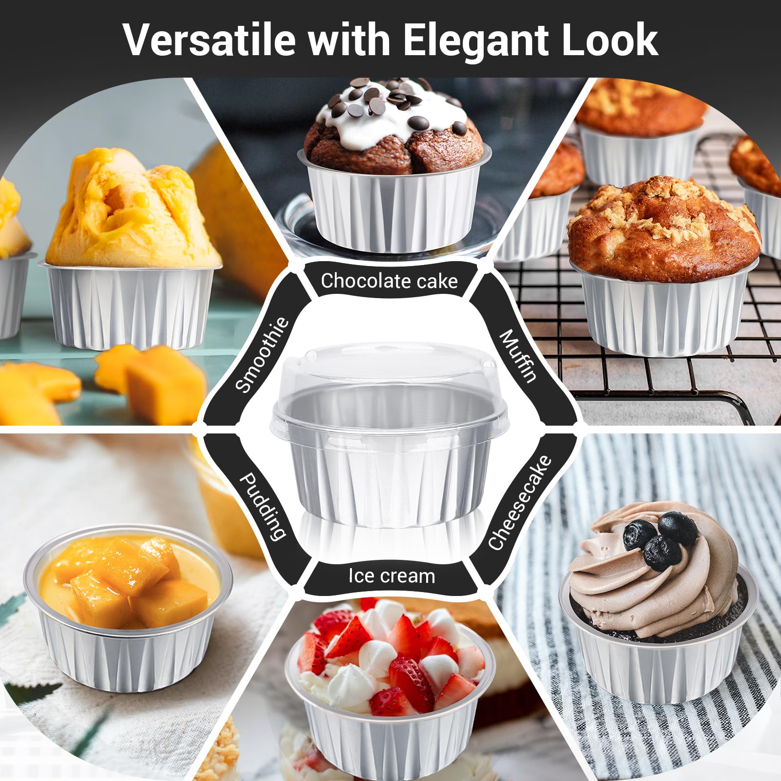 EUSOAR 30-Pack 5oz Disposable Aluminum Foil Baking Cups with Lids - Muffin Liners, Cupcake Holders & Creme Brulee Containers for Home Baking, Party Desserts & Meal Prep