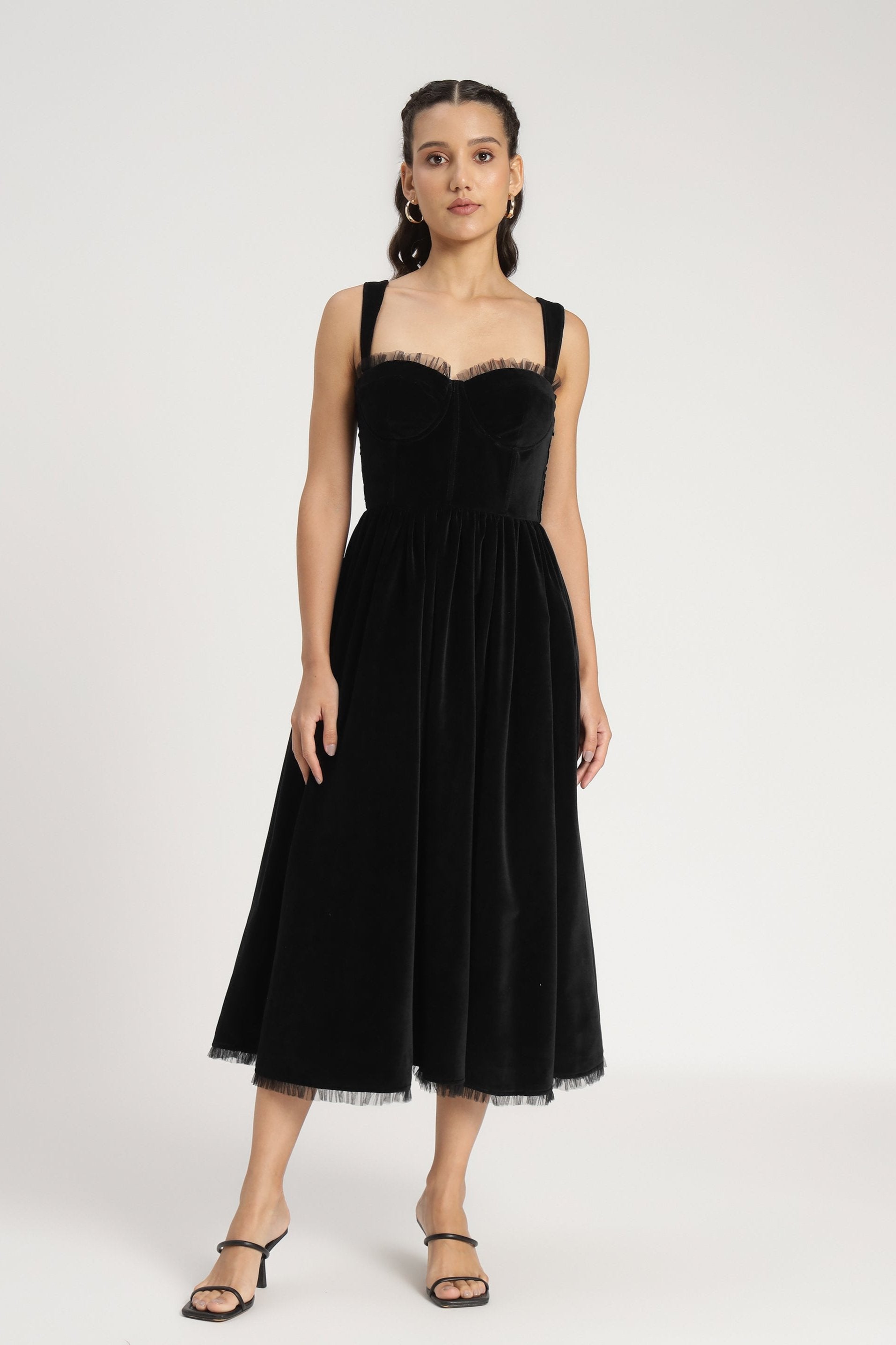 Dune Black Velvet Midi Dress for Women - Elegant Party & Evening Wear - Perfect for Weddings, Cocktail Parties & Date Nights