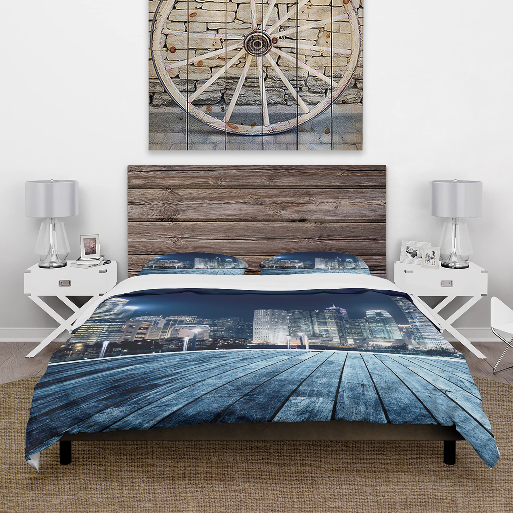 DesignQ Blue Hong Kong City Skyline Industrial Duvet Cover Set - Twin Size 3-Piece Architecture Bedding | All Season Comfort for Modern Bedrooms & Urban Loft Decor