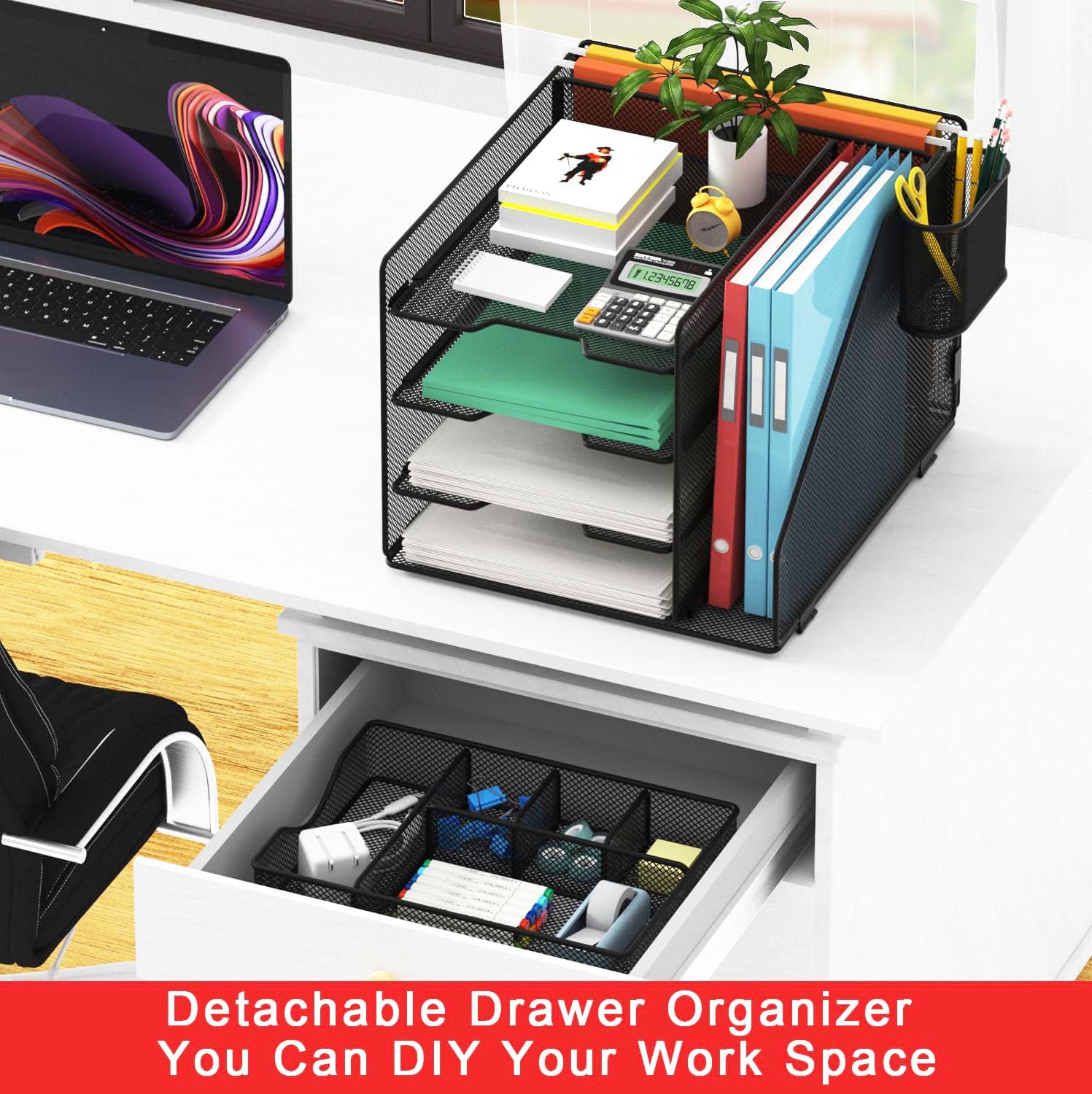 Mesh Desk Organizer with Hanging File Holder & Drawer - Black Office Supplies Storage with Letter Tray, Pen Holder | Perfect for Home Office, School & Workspace Organization