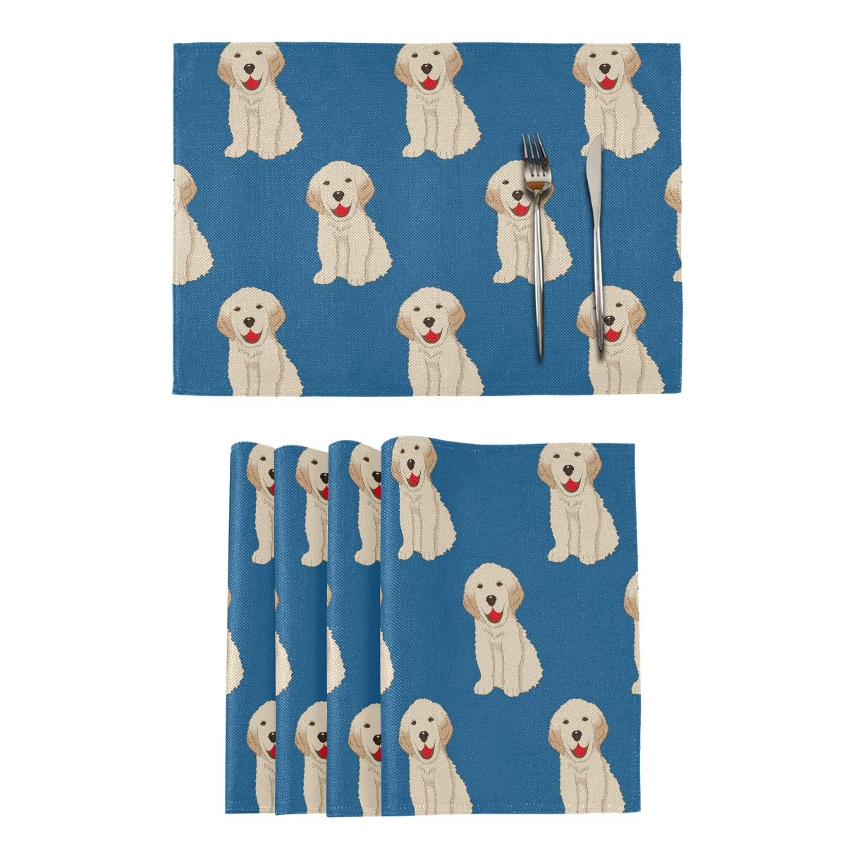 DOMIKING Labrador & Golden Retriever Dog Themed Double-Sided Placemats - Set of 4 Heat-Resistant, Non-Skid Table Mats - Durable Polyester Kitchen & Dining Table Decor for Pet Lovers - Perfect for Holiday Dinners, Family Gatherings & Pet-Friendly Homes