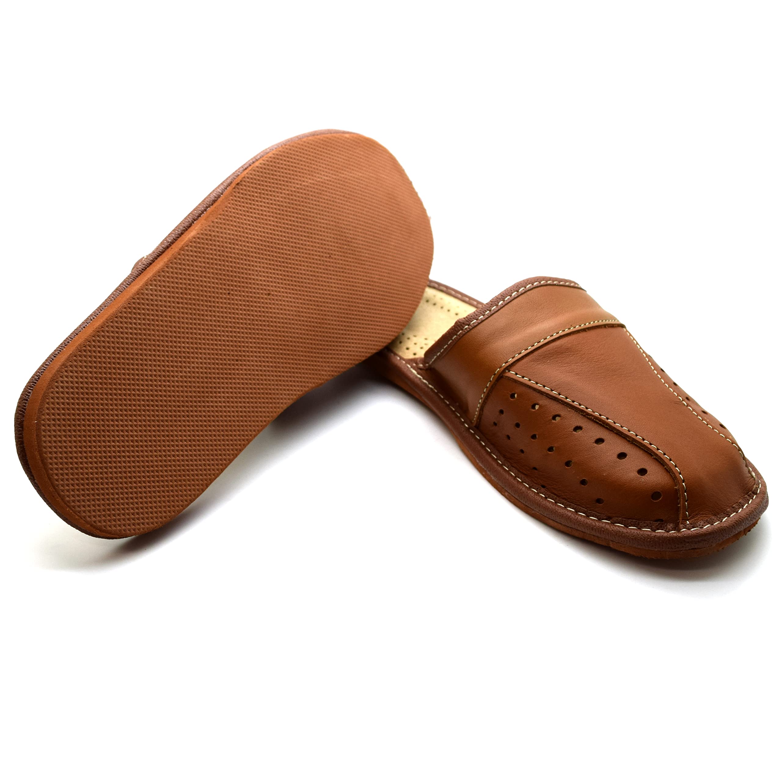 SolaDirect Men's Natural Leather Slippers - Comfortable Closed Toe Slip-On Mules for Indoor & Outdoor Use - Perfect House Shoes, Lounge Sandals for Relaxing at Home or Quick Errands