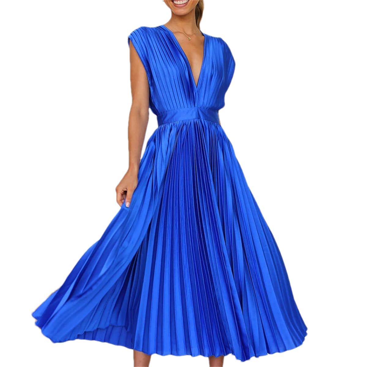 Women's Summer Sexy Pleated Dress - Casual Loose Zipper V-Neck Sleeveless Flowy Dress for Beach, Party & Vacation | Trendy & Comfortable