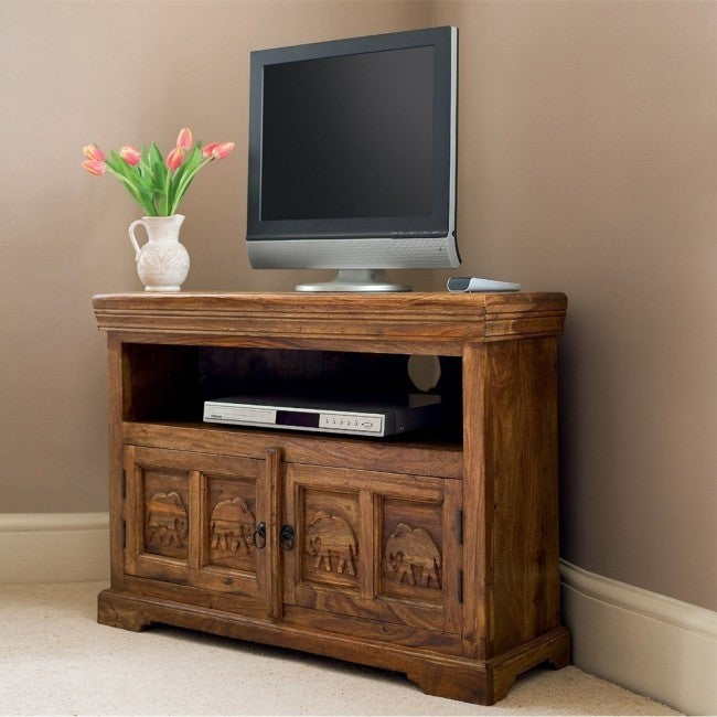 Elephant Design Solid Wood Corner TV Stand - Handcrafted Indian Teak Wood Entertainment Center for Living Room, Bedroom & Home Theater
