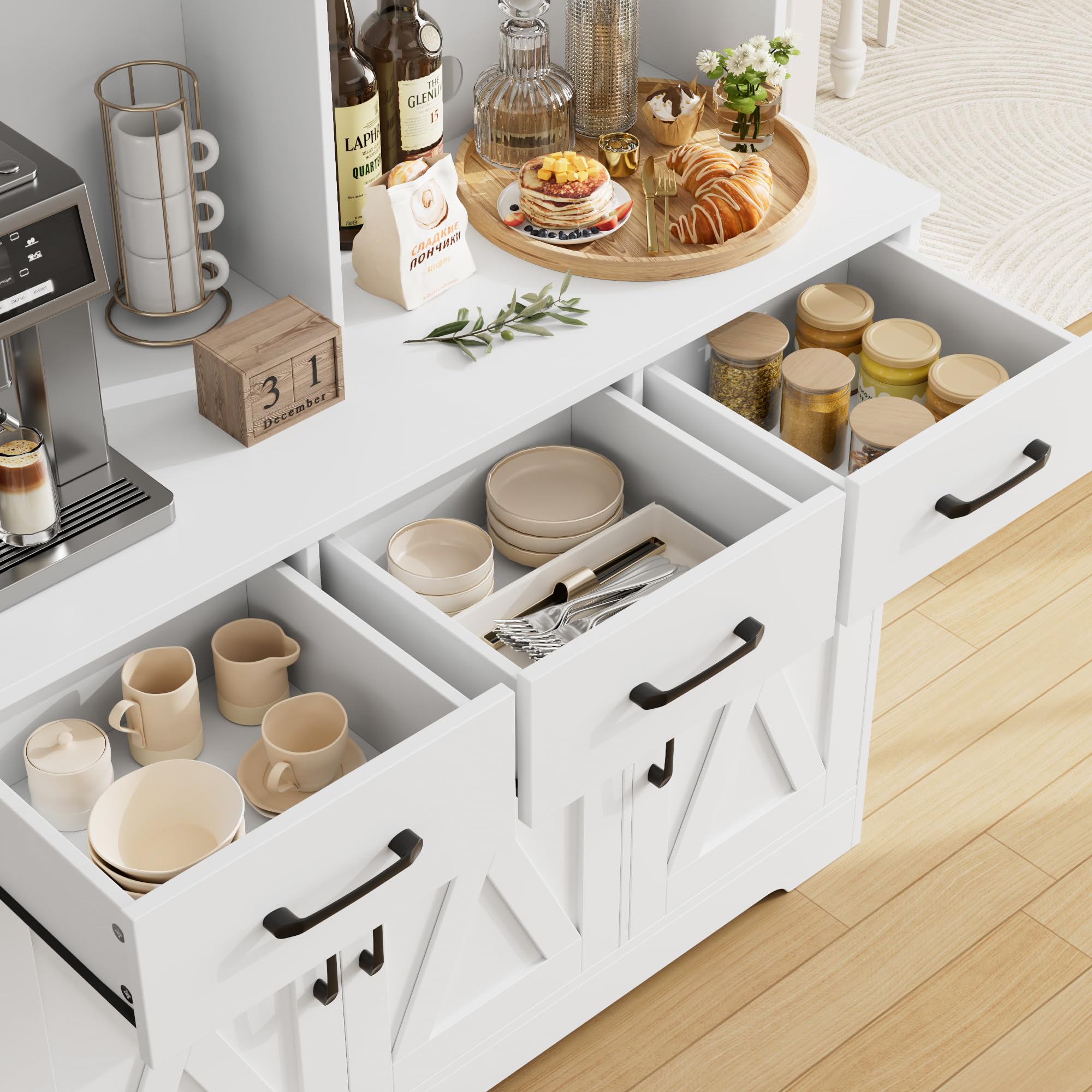 Modern Farmhouse Buffet Cabinet with Hutch - White Kitchen Sideboard Storage with 3 Drawers & Barn Door - Coffee Bar Station & Liquor Cabinet for Dining Room, Living Room - Perfect for Entertaining & Home Decor