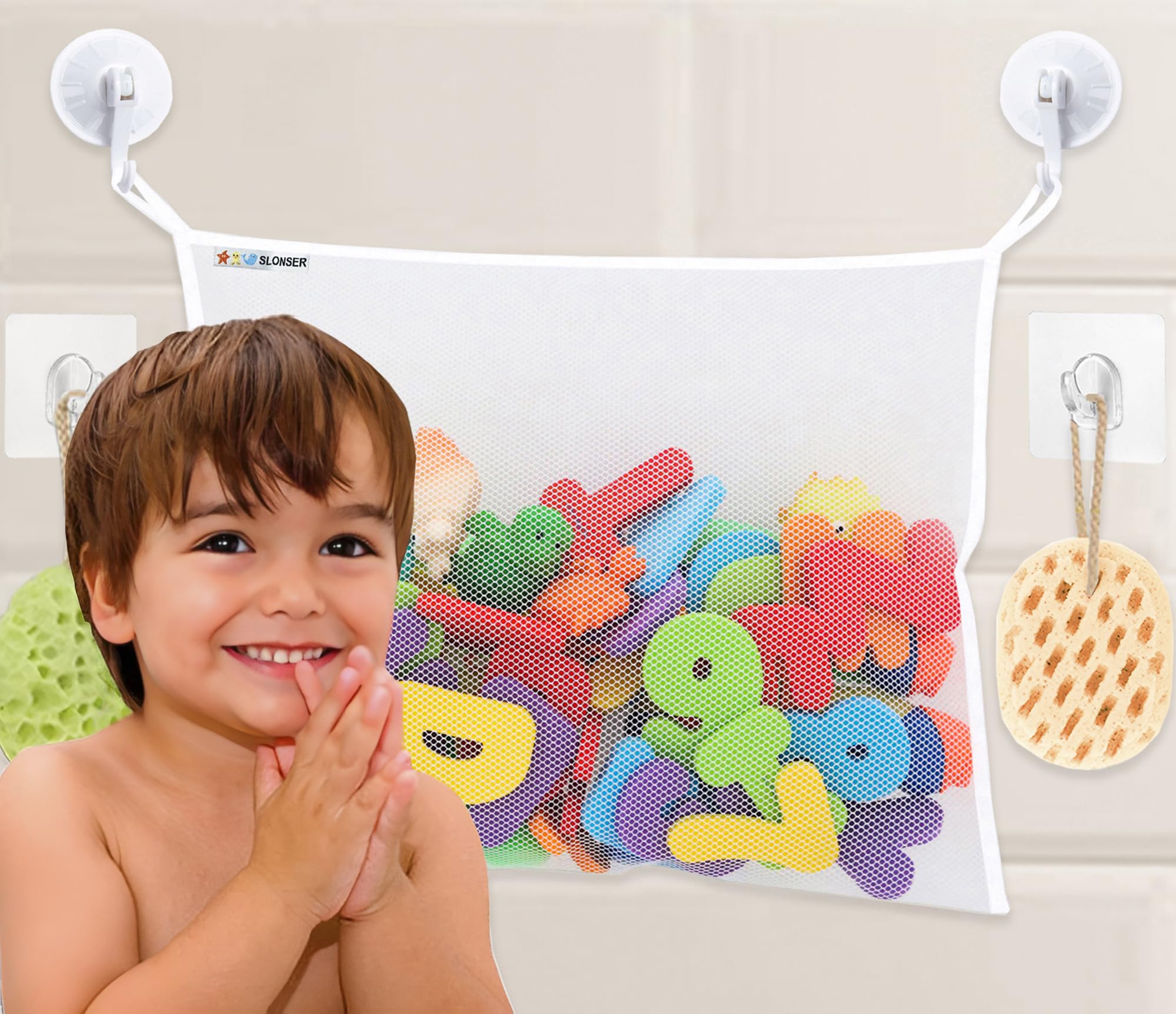 **18x16 Inch Kids Bath Toy Net - Large Mesh Storage Organizer with 2 Suction Cups & 2 Adhesive Hooks for Baby Bathtub, Toddler Shower Caddy, Hanging Basket - Perfect for Bathroom Toy Storage & Organization**