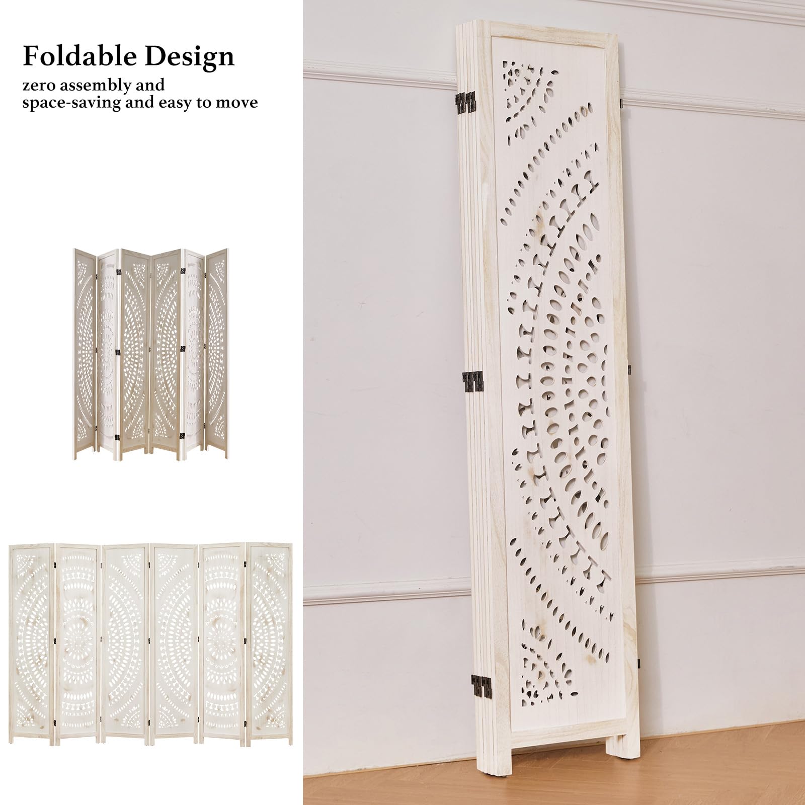 66.9 Inch Folding Room Divider Screen - 6 Panel Wood Carved Privacy Partition for Home, Office, Restaurant & Bedroom - Freestanding & Easy to Assemble (White-Washed) | Perfect for Creating Private Spaces & Room Separation