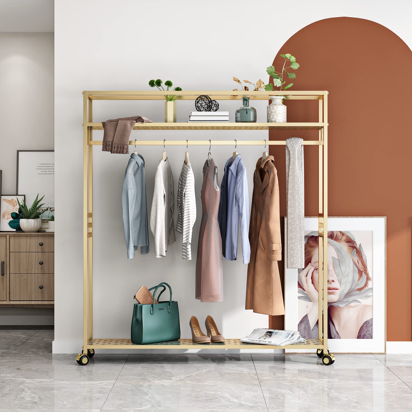 TIEOU Heavy Duty Industrial Clothing Rack with Shelves - Gold Modern Wardrobe Hanger for Closet Organization | Perfect for Bedroom, Laundry Room & Retail Store Display
