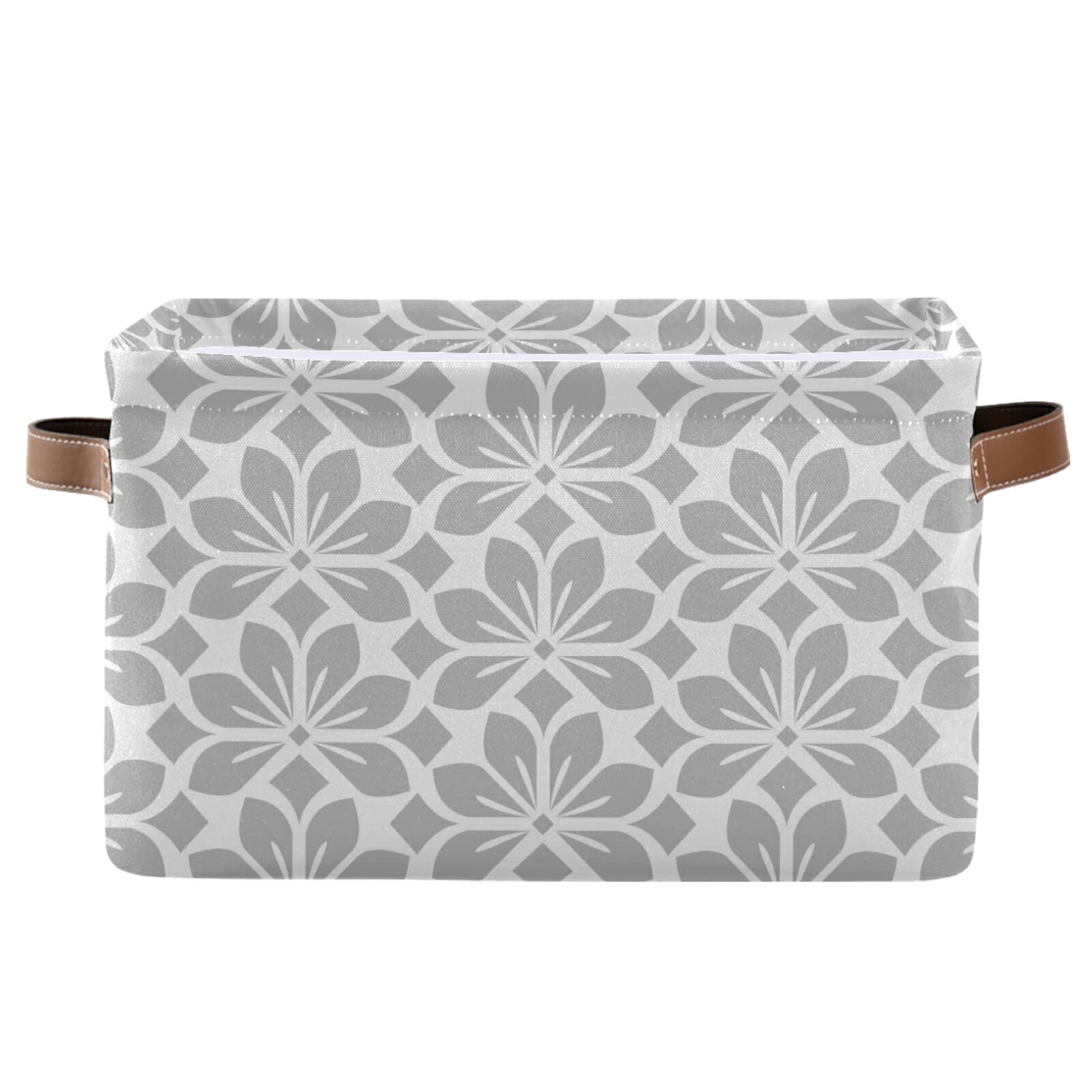 Gray White Floral Storage Basket - Large Collapsible Fabric Bin with PU Handles for Home Organization | Perfect for Shelves, Closet, Nursery & Laundry Room (1-Pack)