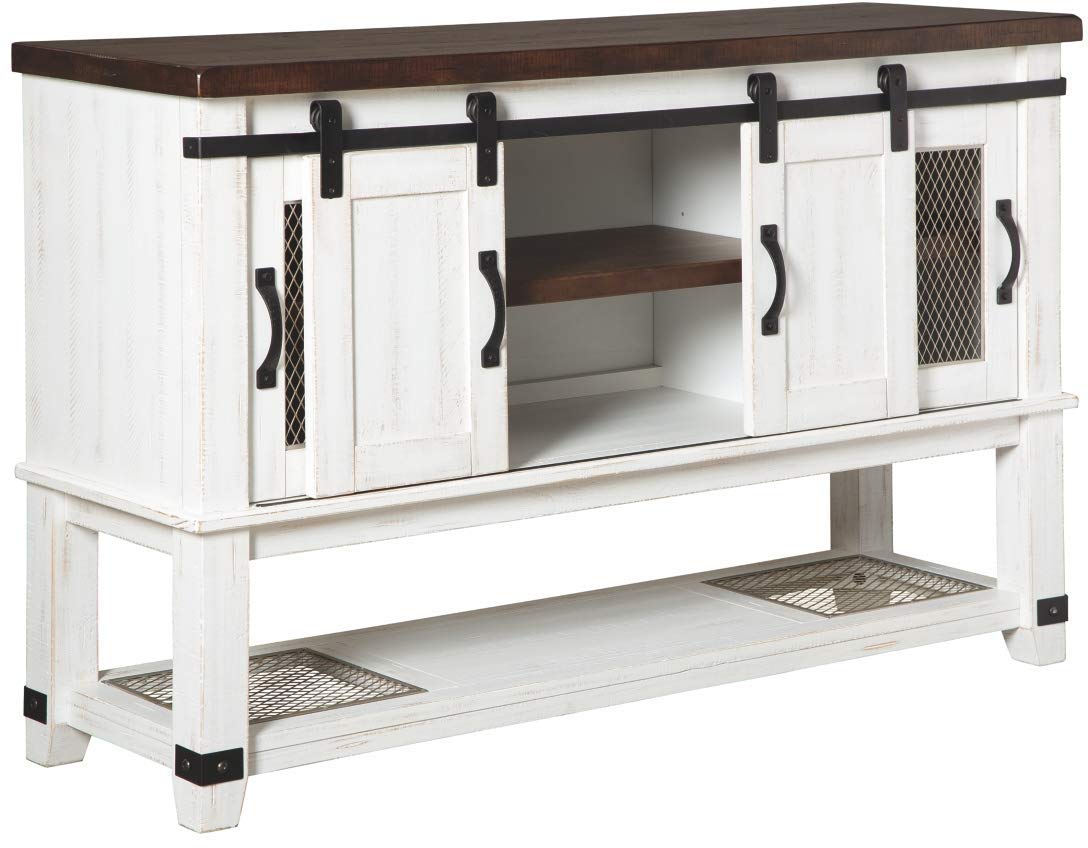 Ashley Valebeck Farmhouse Dining Room Buffet & Extension Dining Table Set - White & Brown Distressed Finish, Seats 8 - Rustic Farmhouse Style for Dining Room, Kitchen or Entertaining Space