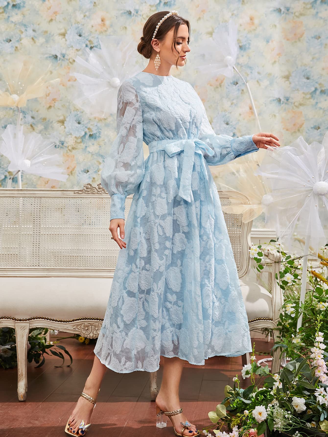 Stylish 2022 Jacquard Appliques Lantern Sleeve Belted Summer Dress for Women - Large Size | Perfect for Beach Vacations, Garden Parties & Casual Outings
