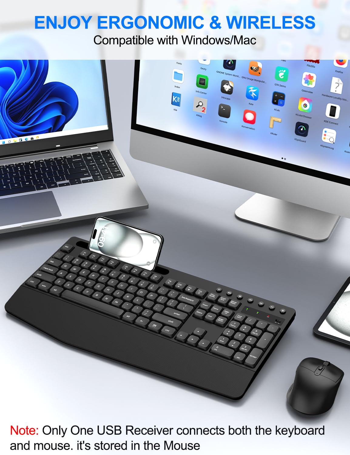 EDJO Wireless Keyboard and Mouse Combo - Full Size Ergonomic Computer Keyboard with Wrist Rest, Phone Holder & Silent 2.4GHz Mouse for PC, Laptop, Windows (Home Office, Gaming, Work from Home Setup)
