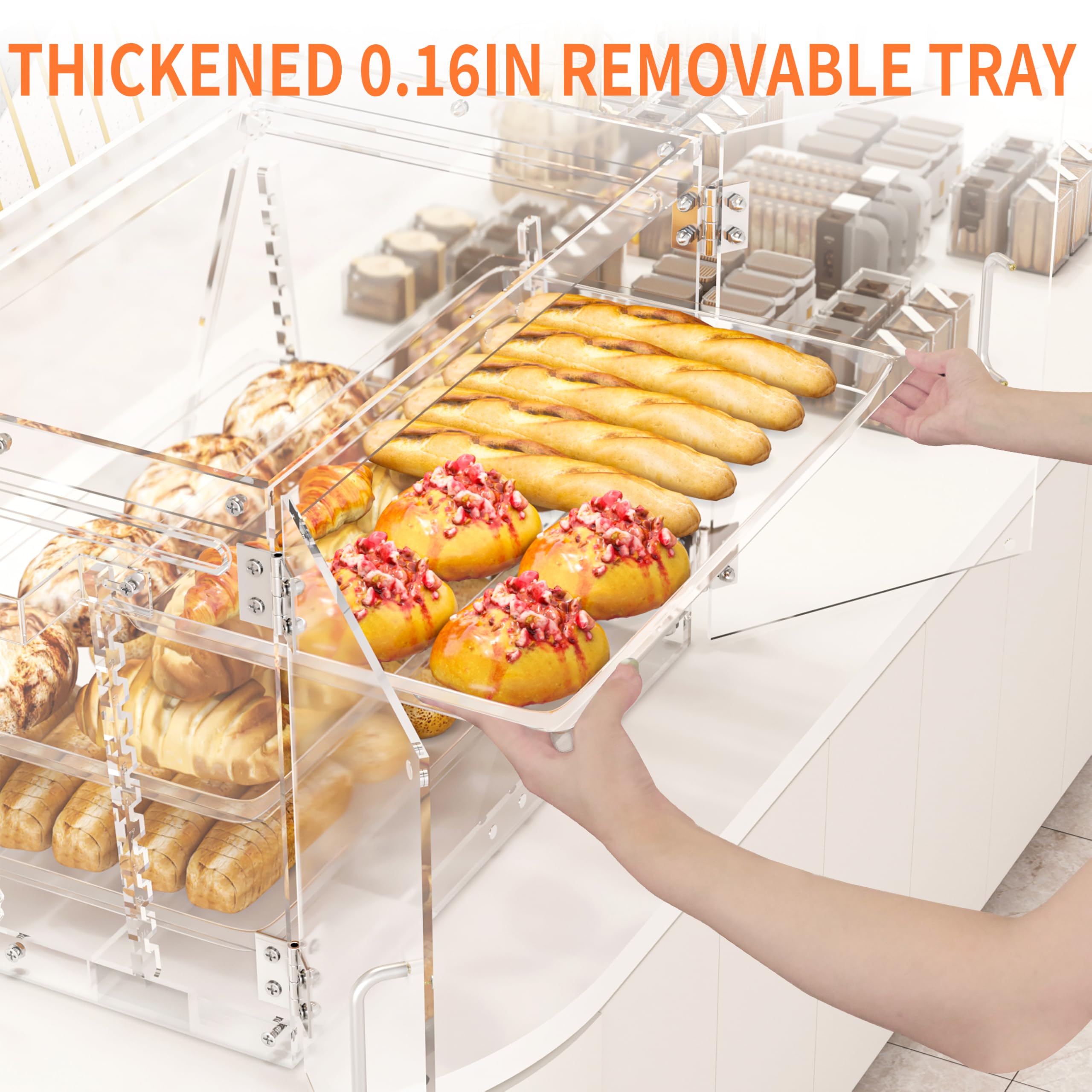 Commercial Countertop Bakery Display Case - 3-Tier Adjustable Pastry Case with Bread Tongs - Clear Acrylic Showcase for Cakes, Cookies & Baked Goods (21