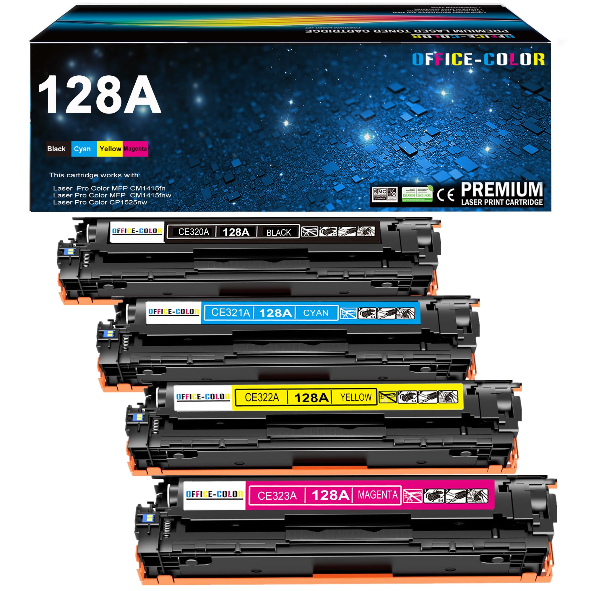 HP Laserjet Pro CP1525nw CM1415fnw Toner Cartridge 4-Pack (Black, Cyan, Yellow, Magenta) - Compatible with HP Printers | High-Quality Replacement Ink for Home & Office Printing