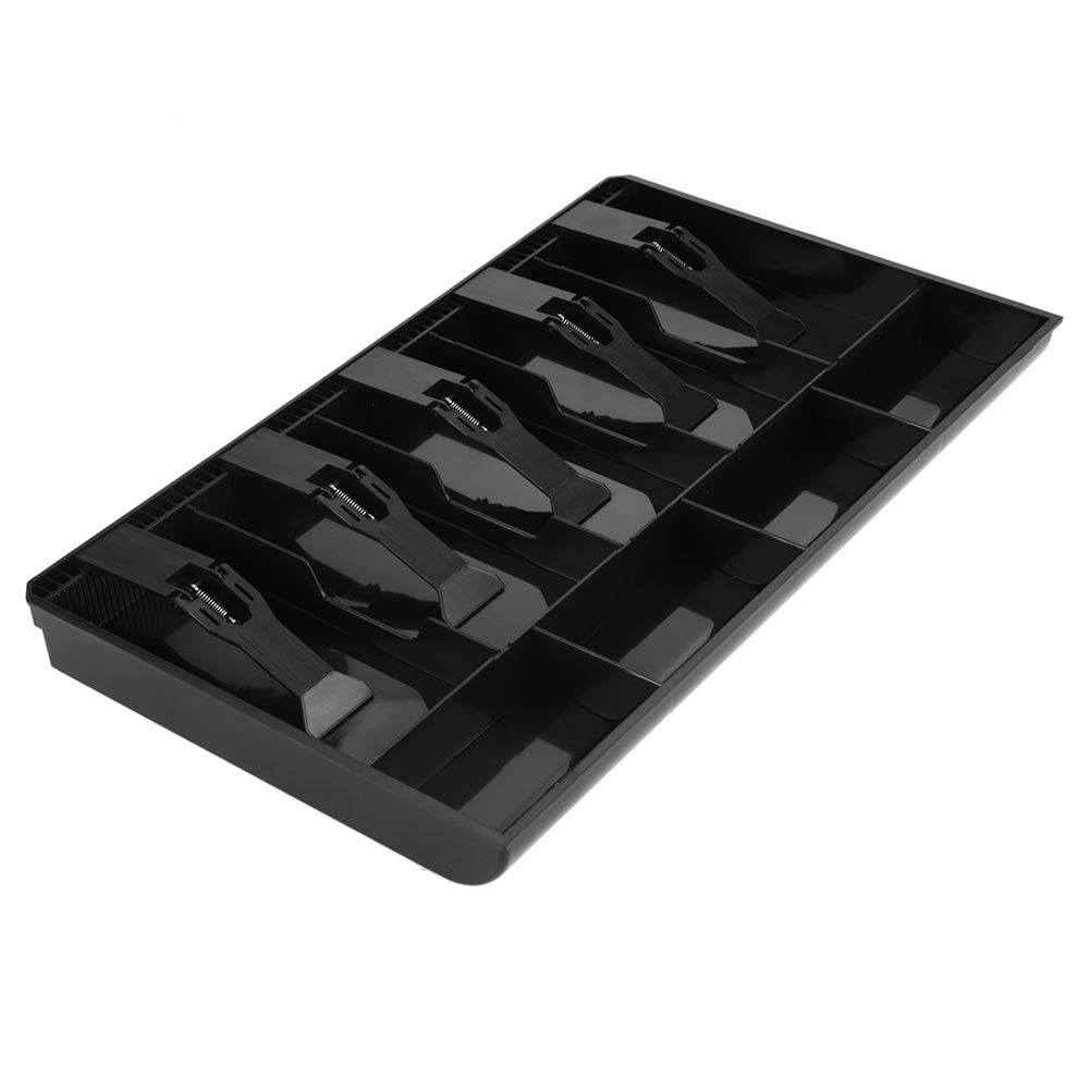 Black Plastic Money Storage Box - 5 Bill & Tray Compartments Cash Drawer Organizer for Retail Stores, Restaurants & Small Businesses | Durable Till Tray for Cash Register & Money Management