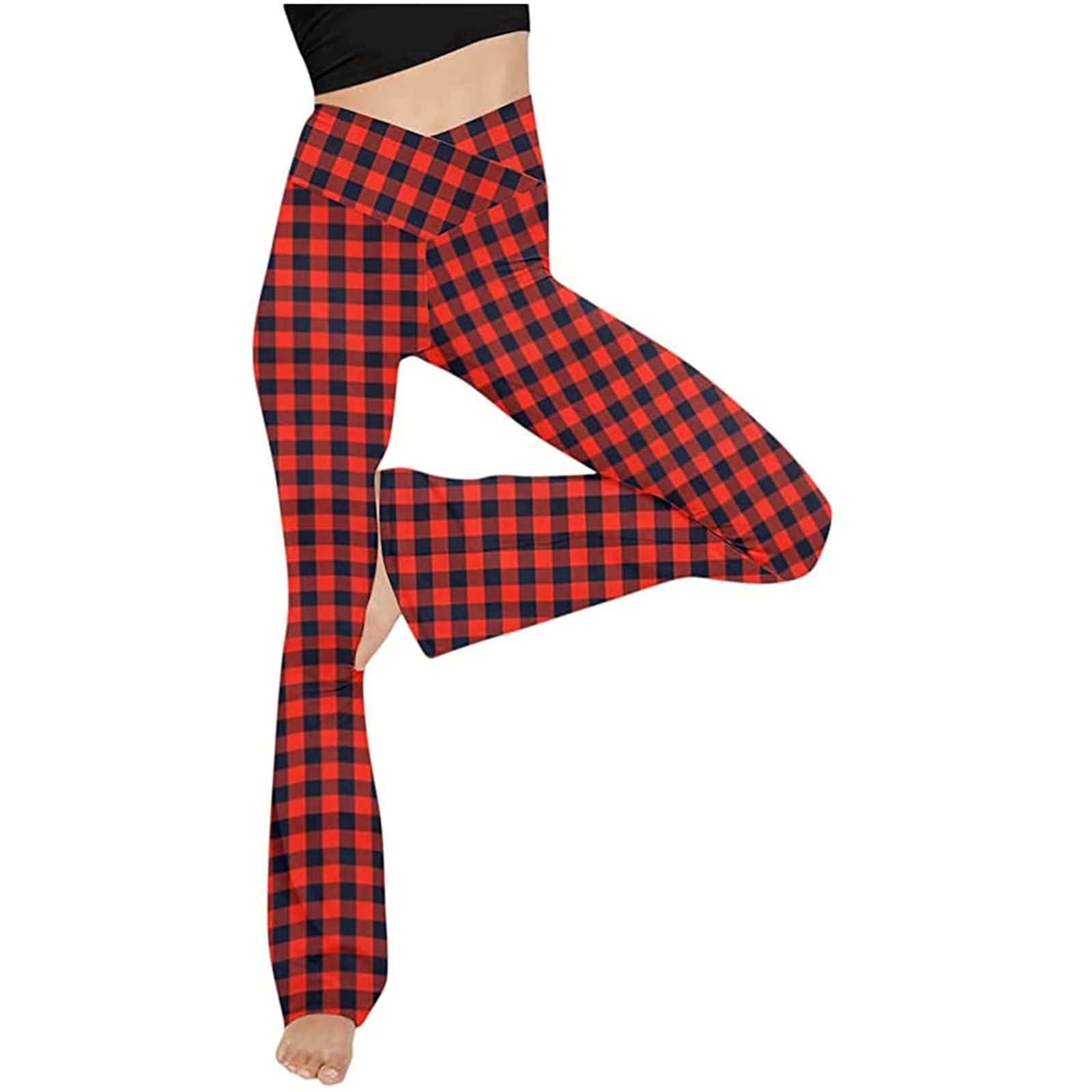 iZZZHH Women's High Waisted Plaid Yoga Pants - Tummy Control Stretchy Workout Leggings with Flare Leg for Yoga, Running & Casual Wear