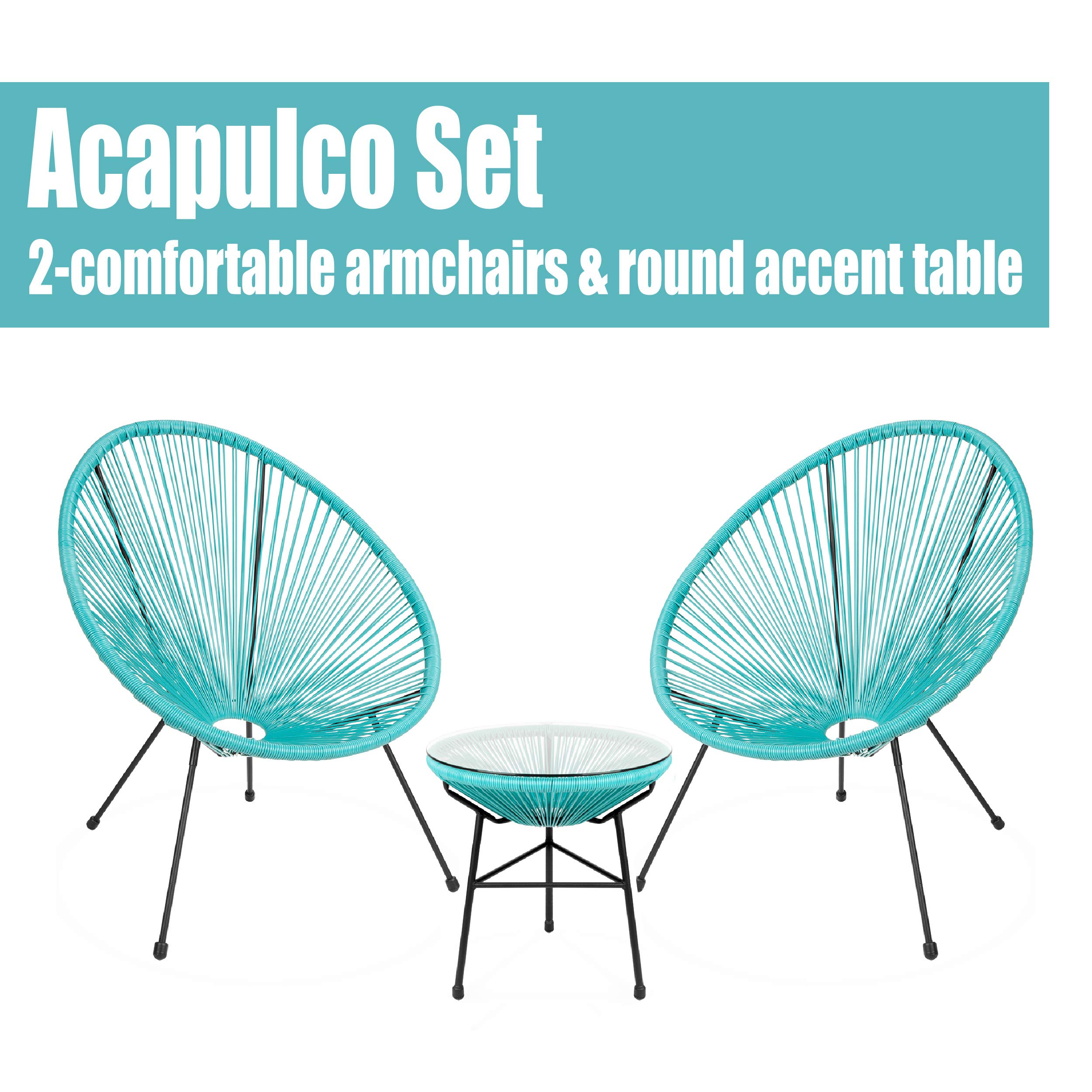 Barton 3-Piece Acapulco Chair Set with Glass Table - Aqua Blue Outdoor Patio Furniture, Wicker Rattan Modern Conversation Seating for Garden, Poolside & Backyard Relaxation