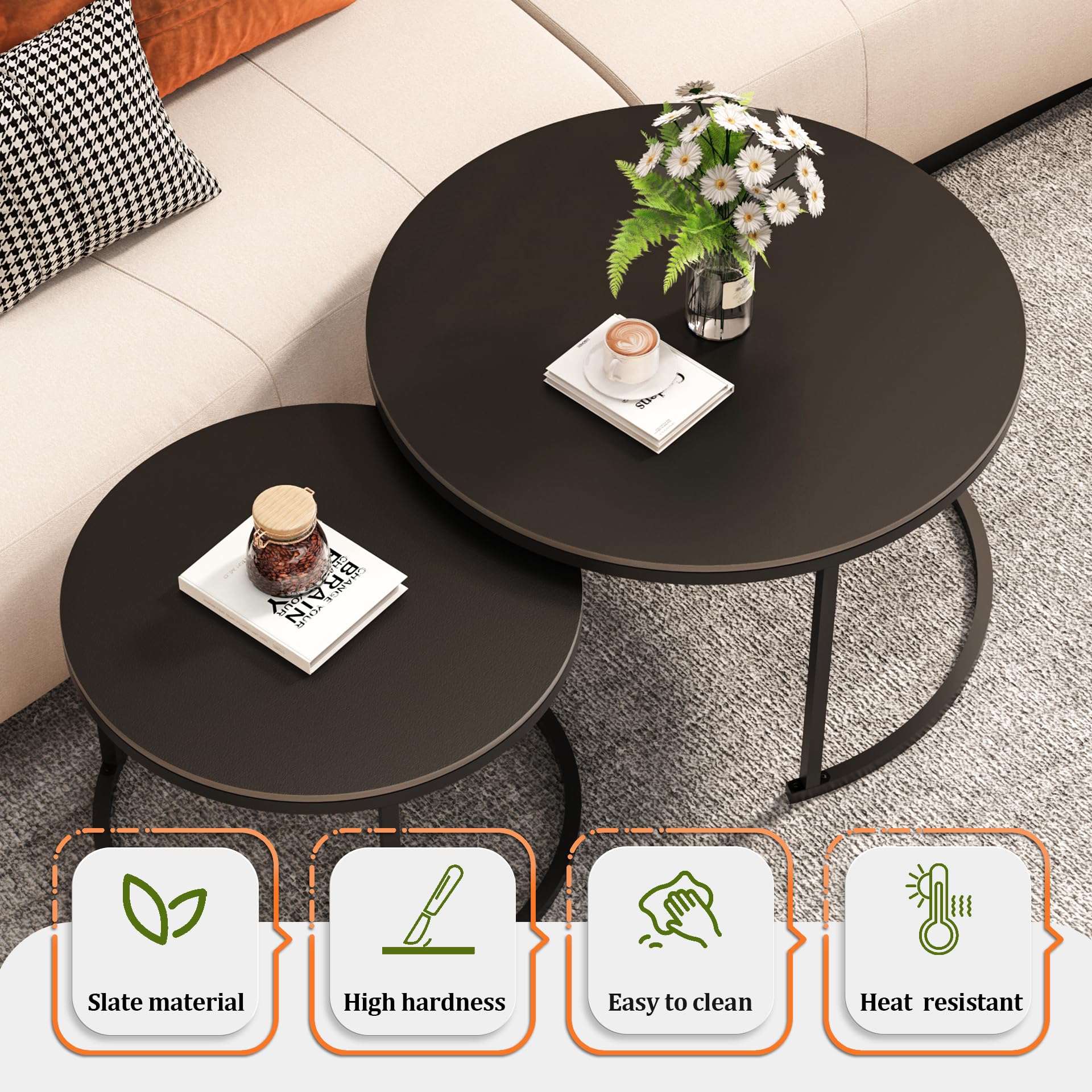 Modern Round Nesting Coffee Table Set of 2 - Black Sintered Stone Top with Sturdy Metal Frame - Living Room Center Table for Small Spaces | Perfect for Apartments, Condos & Cozy Home Decor