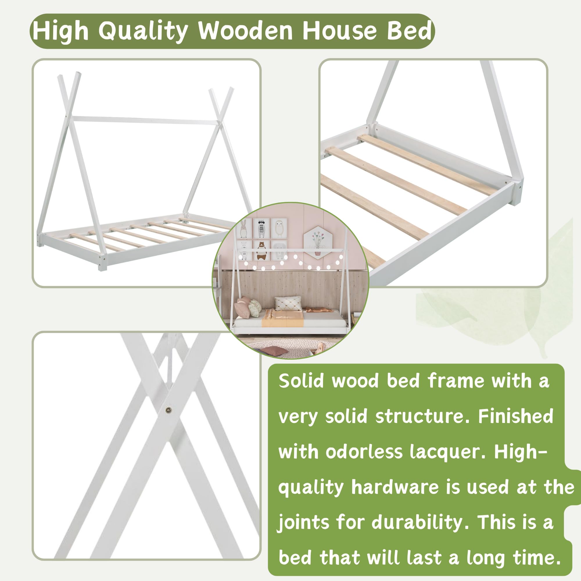 Montessori Twin House Floor Bed Frame for Kids - Wooden Teepee Bed for Boys, Girls & Teens - No Spring Box Needed - White - Perfect for Playrooms, Bedrooms & Montessori Learning Spaces