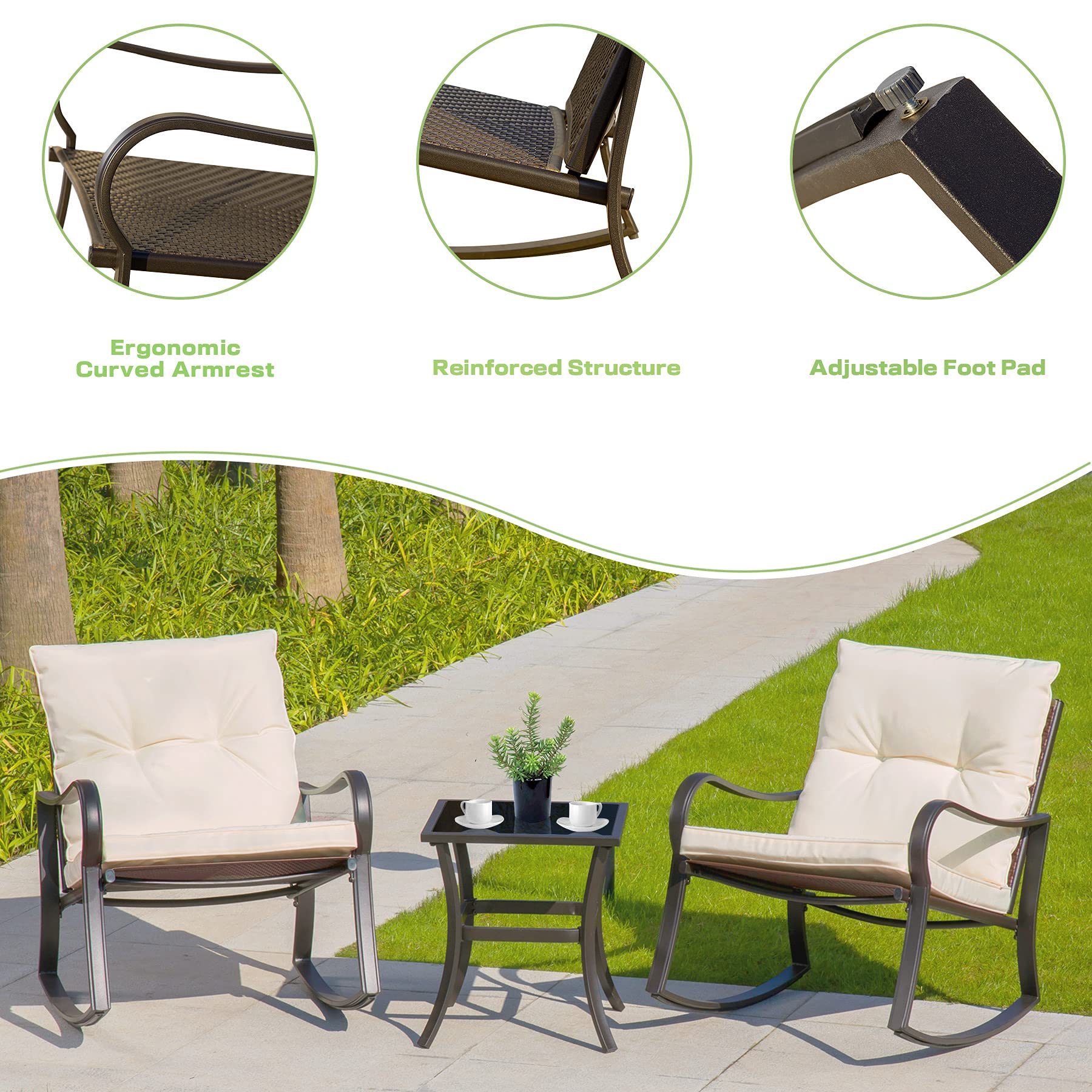 Domi Outdoor Living 3-Piece Rocking Bistro Set - Black Steel Wicker Rocking Chairs with Cushions & White Glass Top Coffee Table - Perfect for Patio, Garden, Porch, and Backyard Relaxation