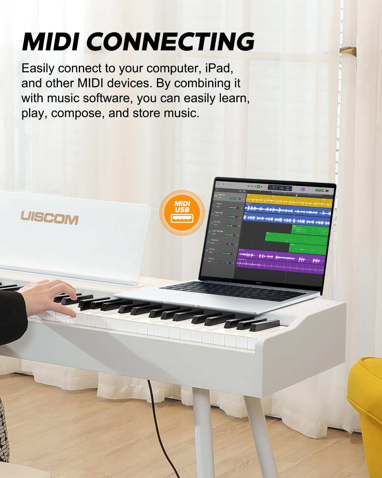 88-Key Weighted Digital Piano Keyboard for Beginners - Full-Size Electric Piano with Music Stand, Triple Pedal, Power Adapter & USB-MIDI - Wood Grain White Finish - Perfect for Home Practice, Music Lessons & Studio Recording