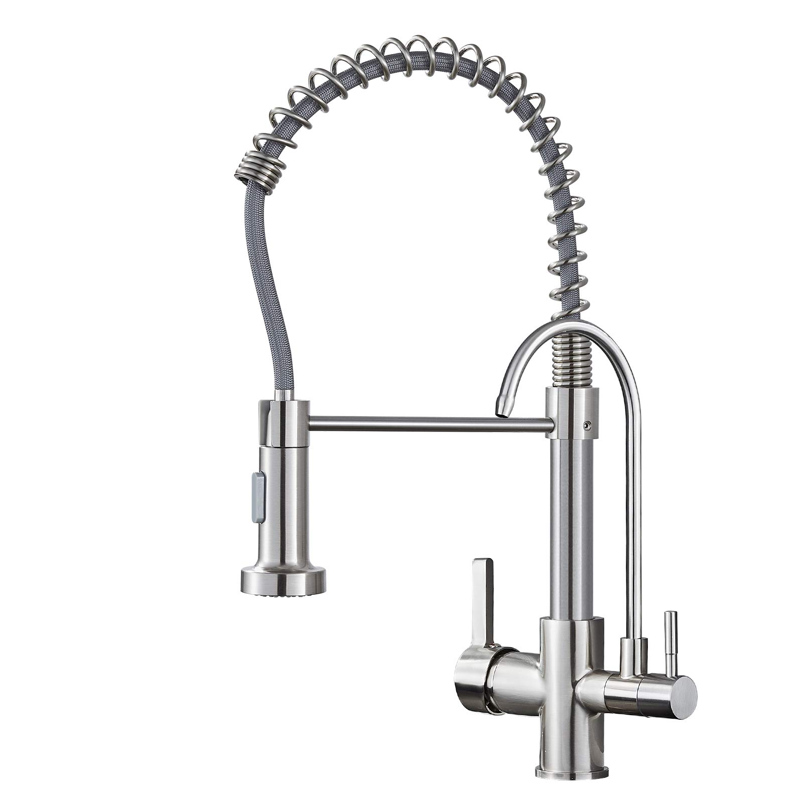 MENATT 3-in-1 Commercial Kitchen Faucet with Water Purifier - Pull Down Spring Drinking Water Filter Sink Faucet in Brushed Nickel - Perfect for Restaurants, Homes & Office Kitchens
