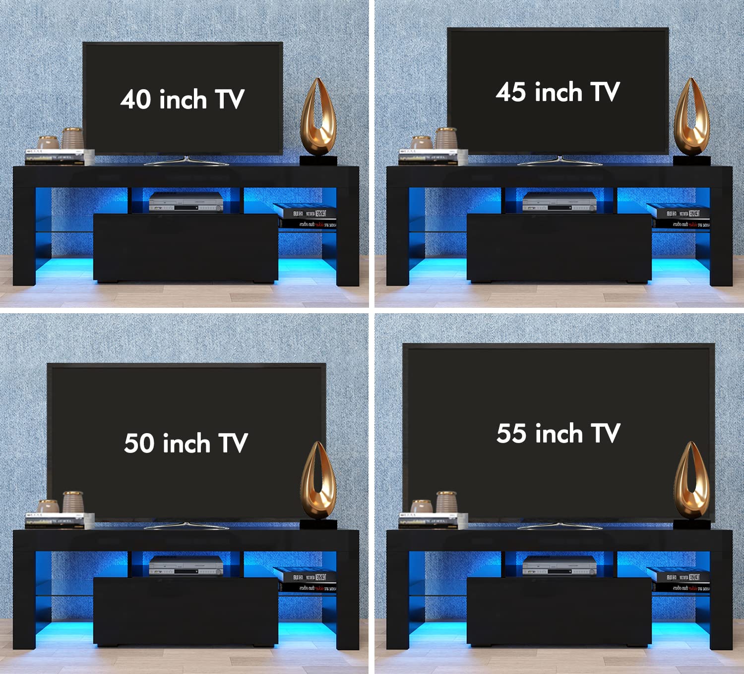Modern Black TV Stand with LED Lights & Storage for 40-55 Inch TVs - Gaming Entertainment Center & Media Console for Living Room, Bedroom & Home Theater