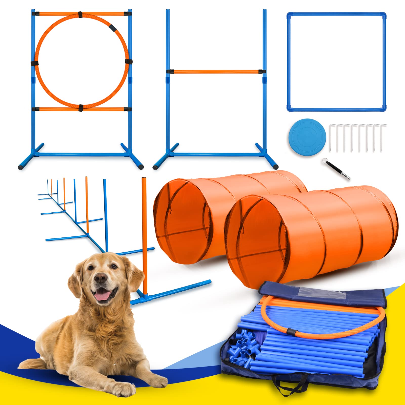YON.SOU. 16-Piece Dog Agility Training Set - Indoor/Outdoor Obstacle Course with Tunnels, Weave Poles, Jumps & Pause Box | Perfect for Backyard Games, Pet Exercise & Agility Competitions