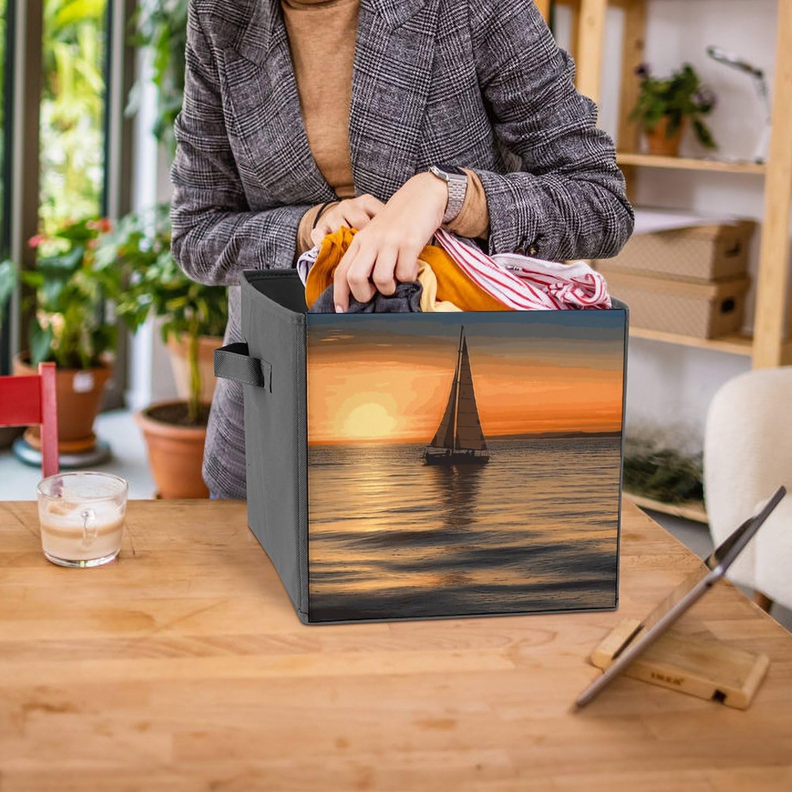 Sunset Beach Sailboat Printed Storage Baskets - 2 Pack Fabric Storage Bins & Containers for Home Organization | Perfect for Closet, Nursery, Laundry & Toy Storage