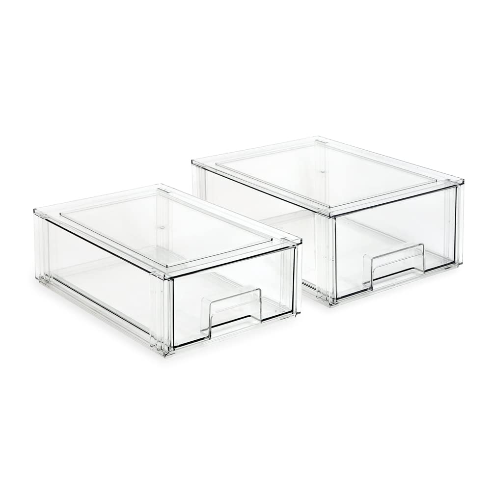 Isaac Jacobs Stackable Organizer Drawer Set - 1 Medium & 1 Large Clear Plastic Storage Bins | BPA-Free Pull-Out Drawers for Home, Office, Closet & Kitchen Organization | Perfect for Shoes, Toys, Pantry Items & Fridge/Freezer Storage