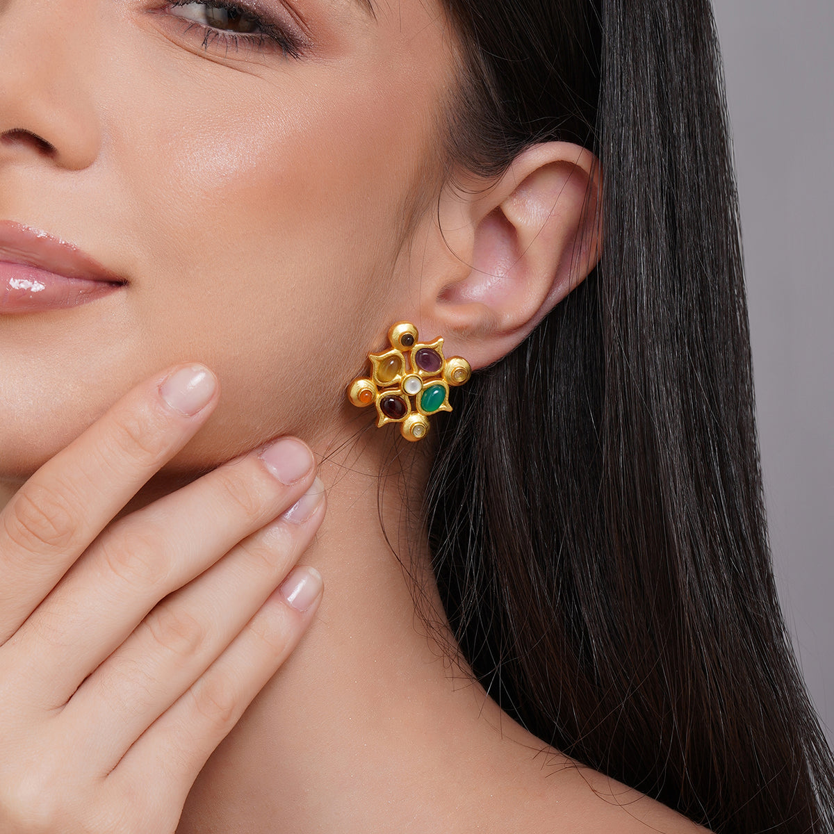 9 Stone Navratan Stud Earrings for Women - Genuine Gemstone Jewelry for Daily Wear & Special Occasions