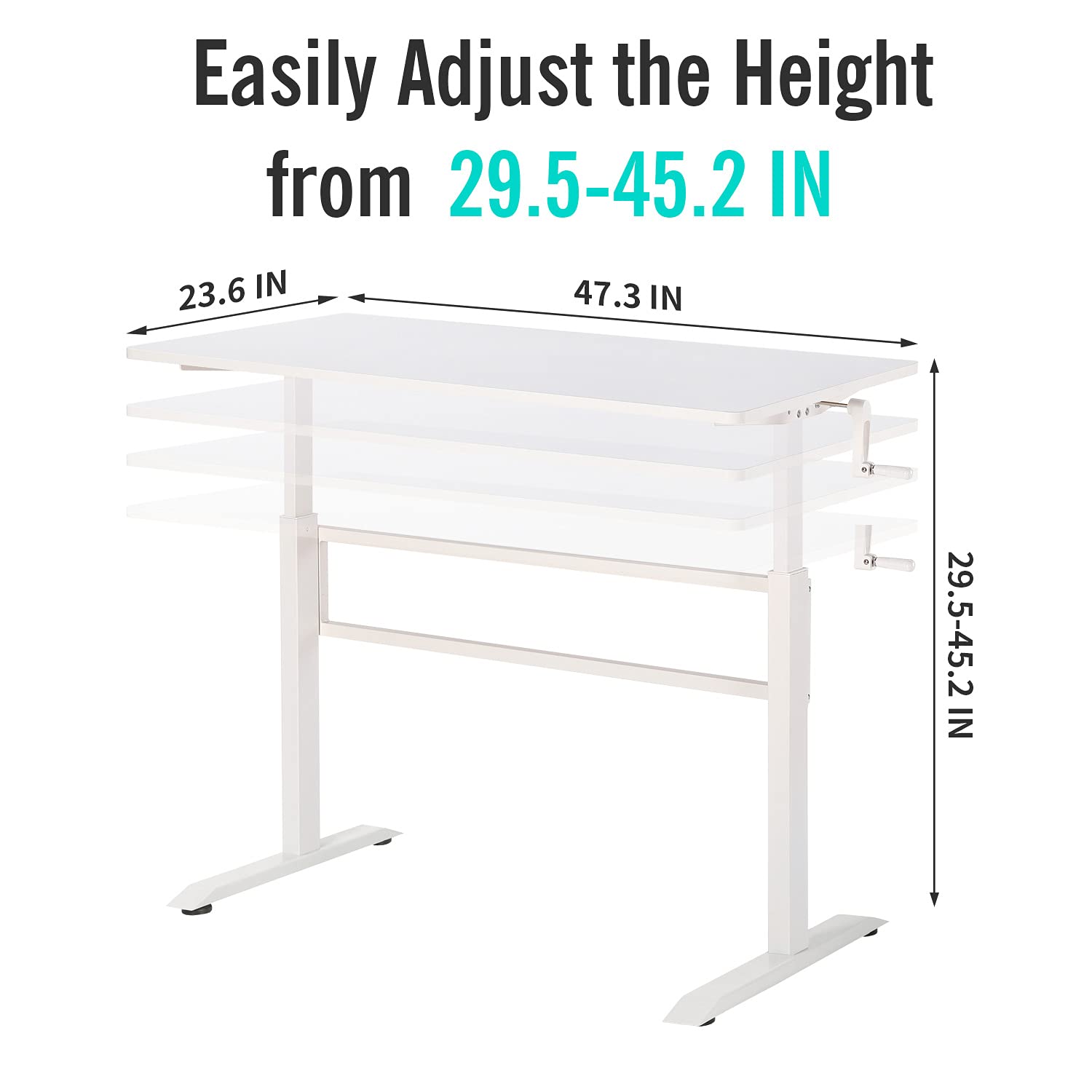 UNICOO 48 x 24 Inches Manual Standing Desk - Heavy Duty Adjustable Height Computer Workstation with Crank Mechanism & Headphone Hook (White, SYK01) | Perfect for Home Office, Gaming Setup & Ergonomic Workspace