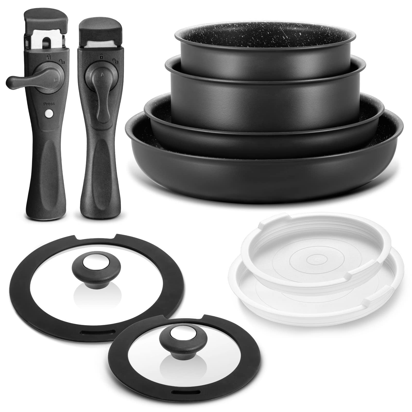BEZIA 10-Piece Nonstick Induction Cookware Set with Removable Handles - PFAS Free Pots & Pans for Gas, Electric & Induction Hobs - Stackable, Dishwasher & Oven Safe - Perfect for Small Kitchens, RVs & Dorm Cooking