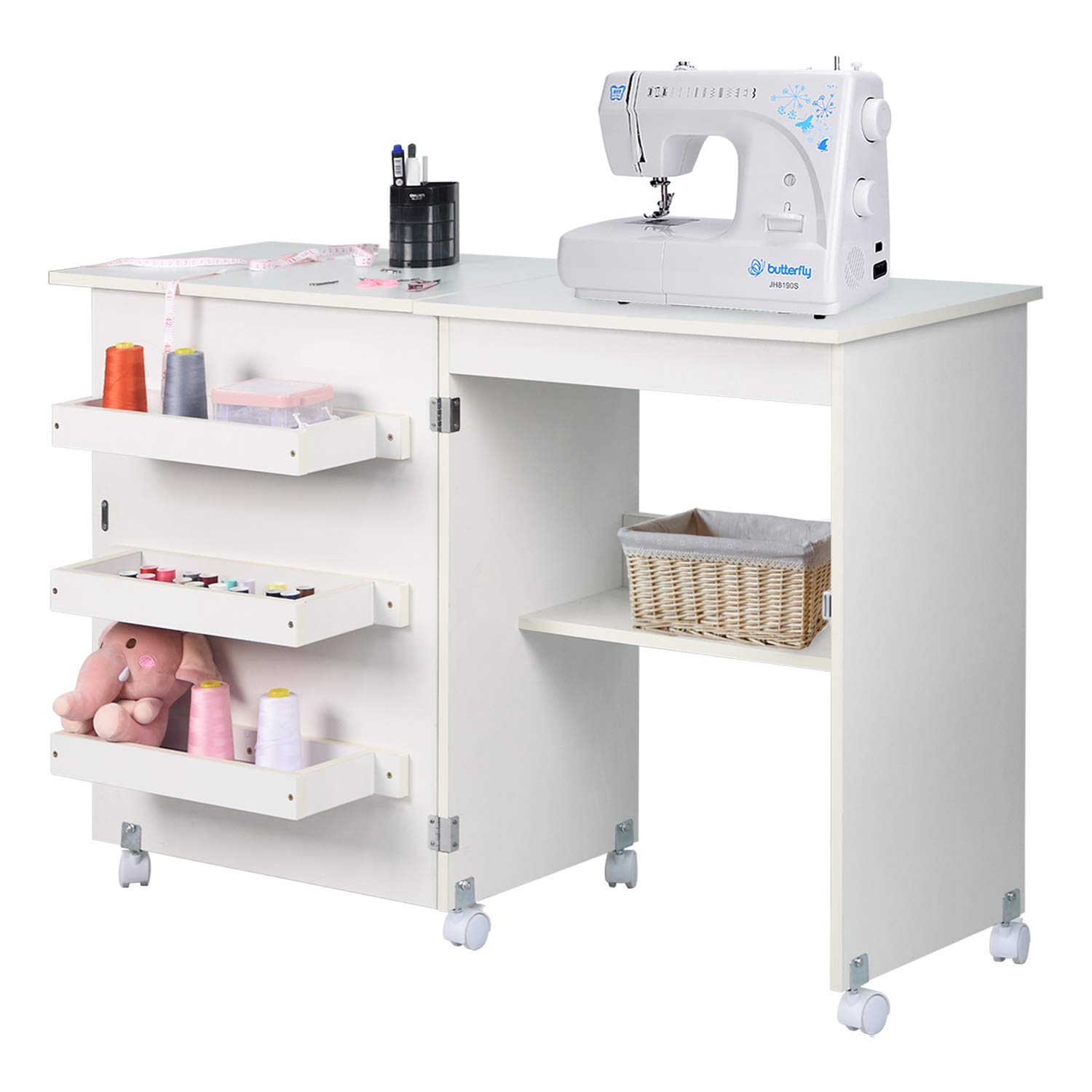 NSdirect Folding Sewing Table with Storage Shelves & Lockable Casters - Portable Craft Cart & Sewing Cabinet for Quilting, Dressmaking & DIY Projects (White) - Perfect for Small Spaces & Craft Rooms