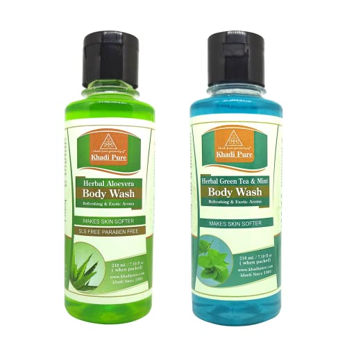 Khadi Pure Aloe Vera & Green Tea Mint Body Wash for Sensitive Skin - 210ml (Pack of 2) | Sulfate-Free, Natural Ingredients | Refreshing & Hydrating for Daily Shower & Spa Experience