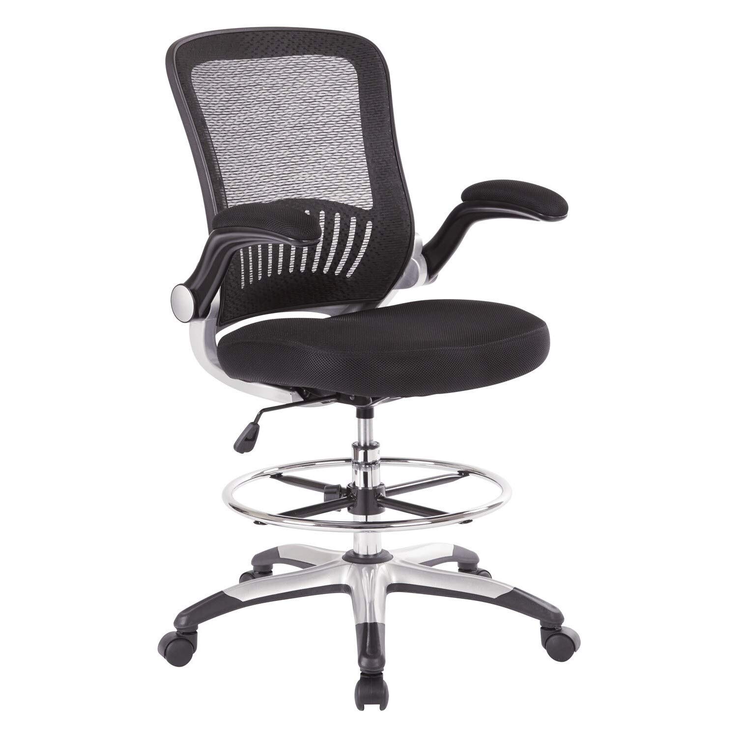 Ergonomic Mesh Back Drafting Chair with Adjustable Foot Ring & Padded Flip-Up Arms - Black Faux Leather & Nylon - Perfect for Architects, Artists & Office Workstations