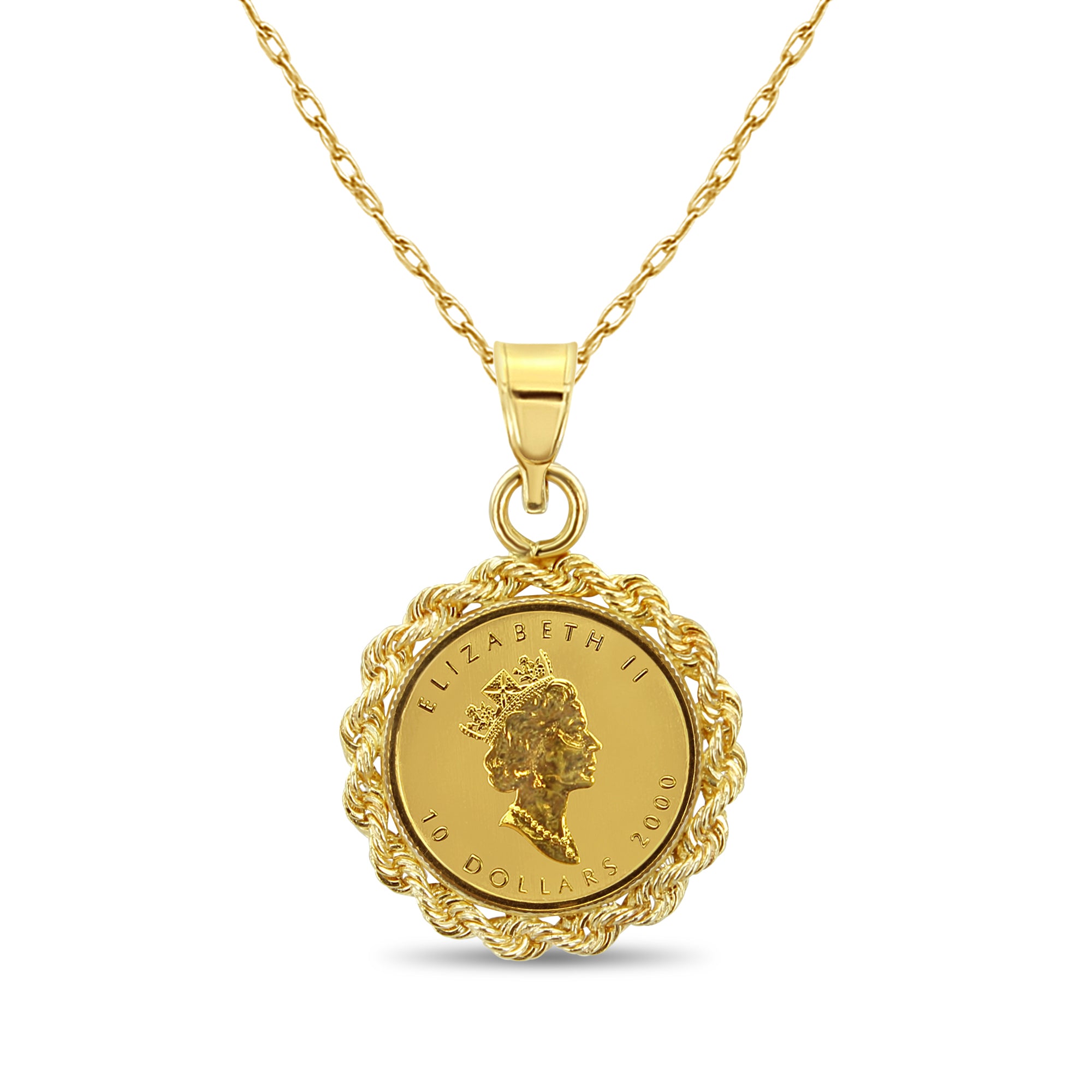 1/4 oz Queen Elizabeth Canadian Maple Leaf Gold Necklace with Rope Bezel - Perfect for Gifts, Jewelry Collections & Special Occasions