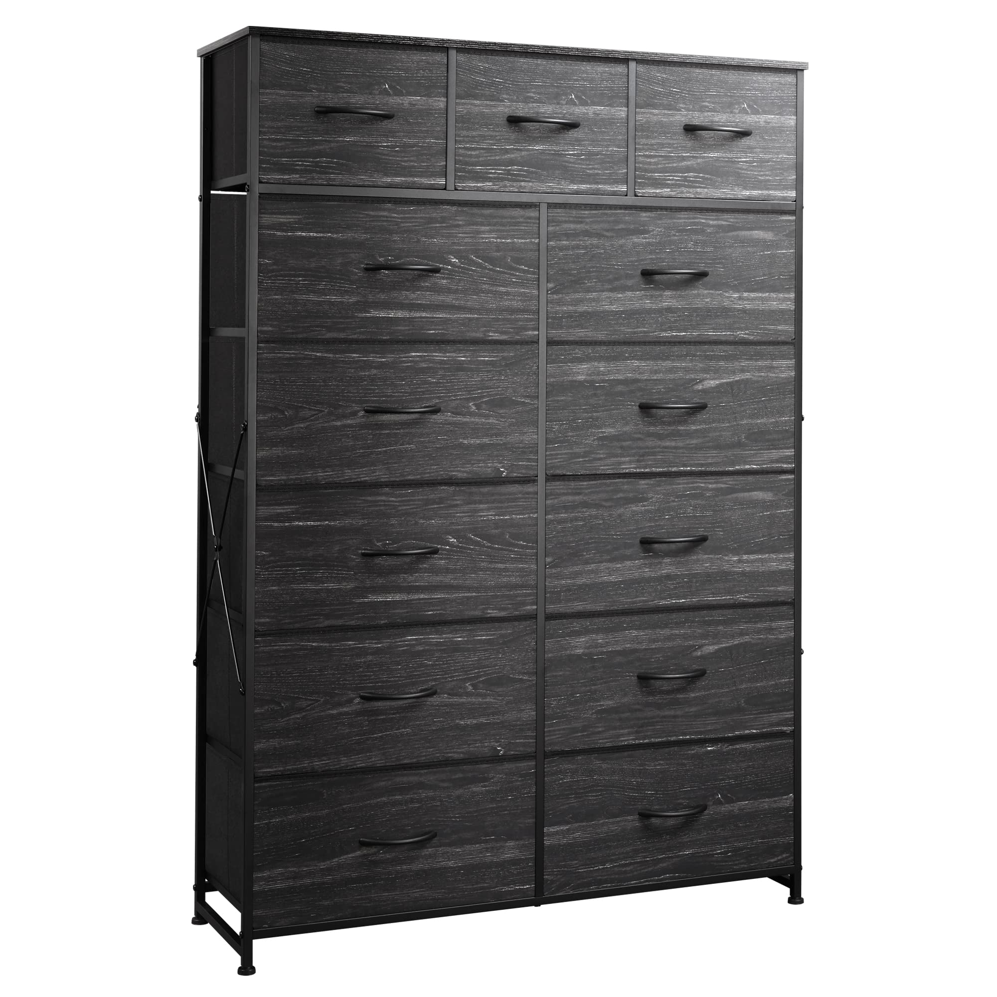 WLIVE 13-Drawer Tall Dresser for Bedroom - Fabric Storage Organizer with Steel Frame & Wood Top - Charcoal Black Wood Grain Print - Perfect for Bedroom, Closet, or Nursery Organization