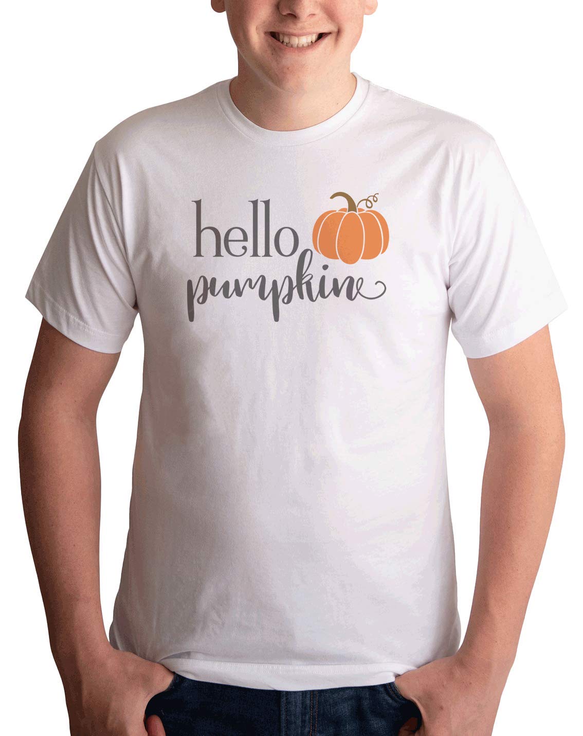 7 ate 9 Apparel Men's Hello Pumpkin Graphic T-Shirt | Fall Autumn Casual Shirt for Men | Perfect for Halloween, Thanksgiving & Seasonal Outfits