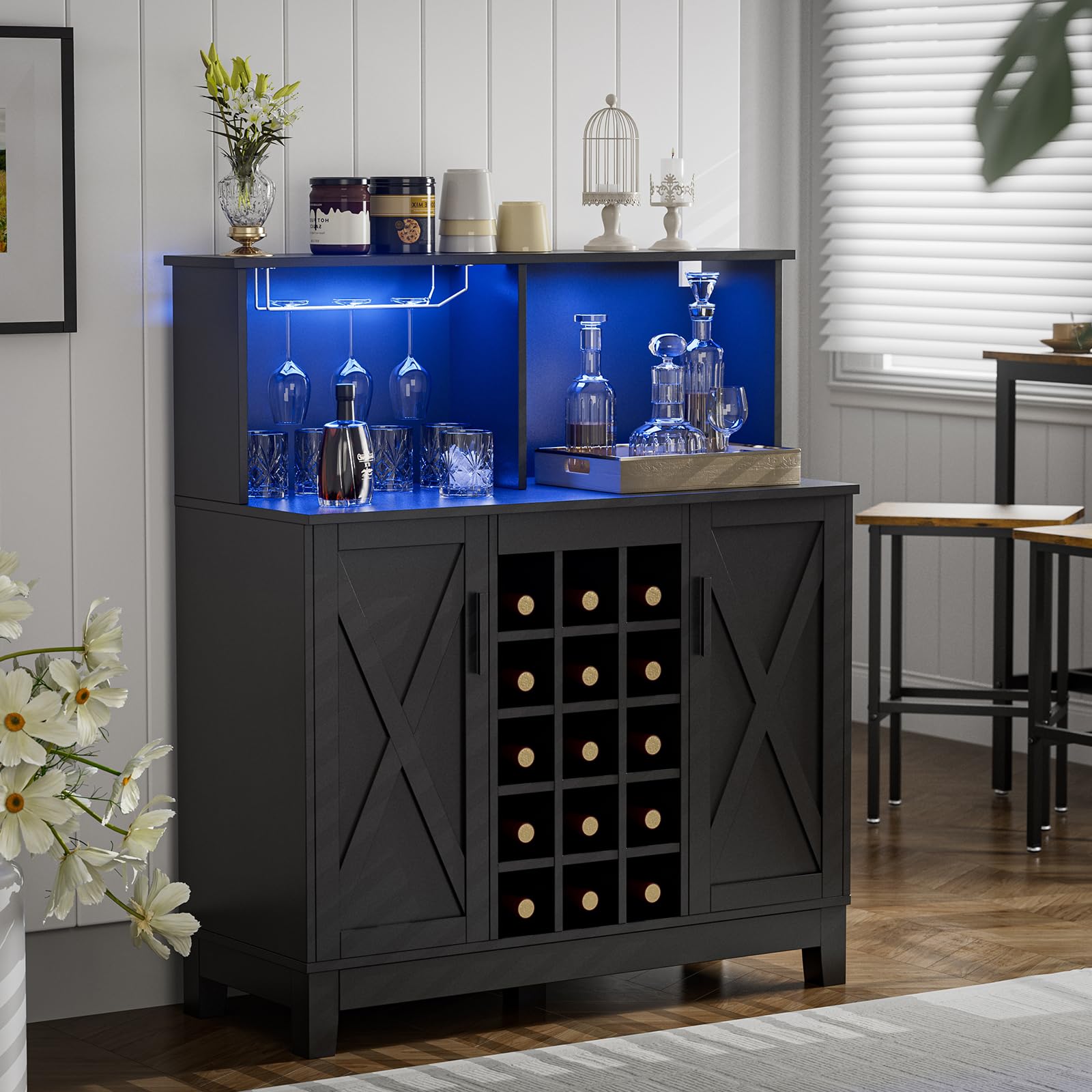 Farmhouse Coffee Bar Cabinet with LED Lights - 39