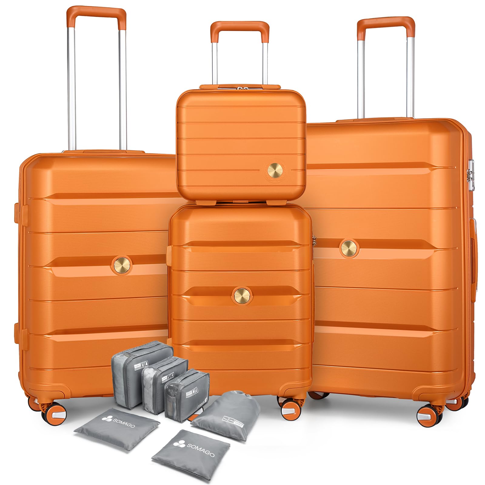 Somago Lightweight Hardside Polypropylene Luggage Set with Packing Cubes - 4-Piece Spinner Suitcase with TSA Lock & Double Wheels for Travel (Sunset Orange) | Perfect for Business Trips, Vacations & International Travel