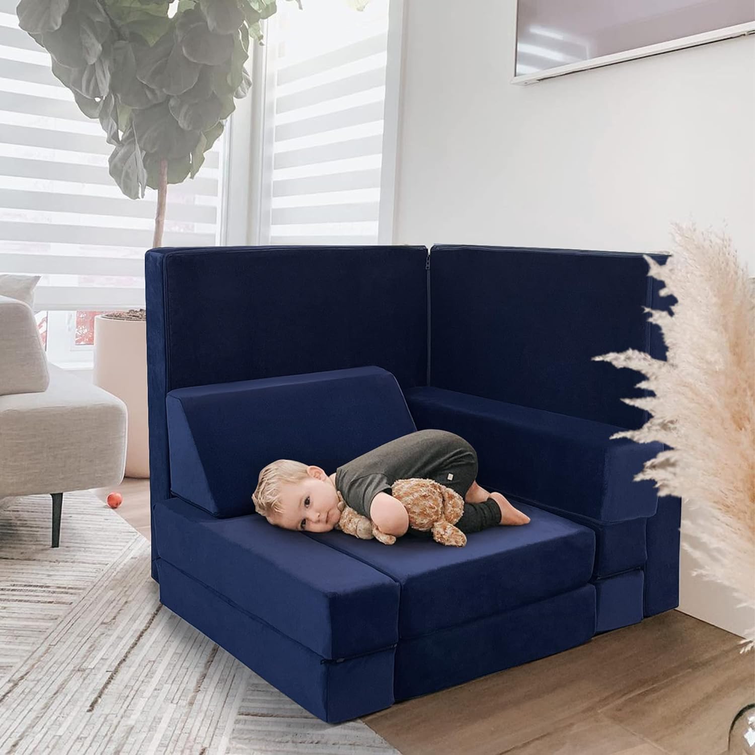 MeMoreCool Modular Kids Play Couch - 10 Piece Foam Lounge Sofa Set for Playroom & Toddler Bed | Navy Blue Block Couch for Boys & Girls | Perfect for Playrooms, Daycare Centers & Kids Bedrooms