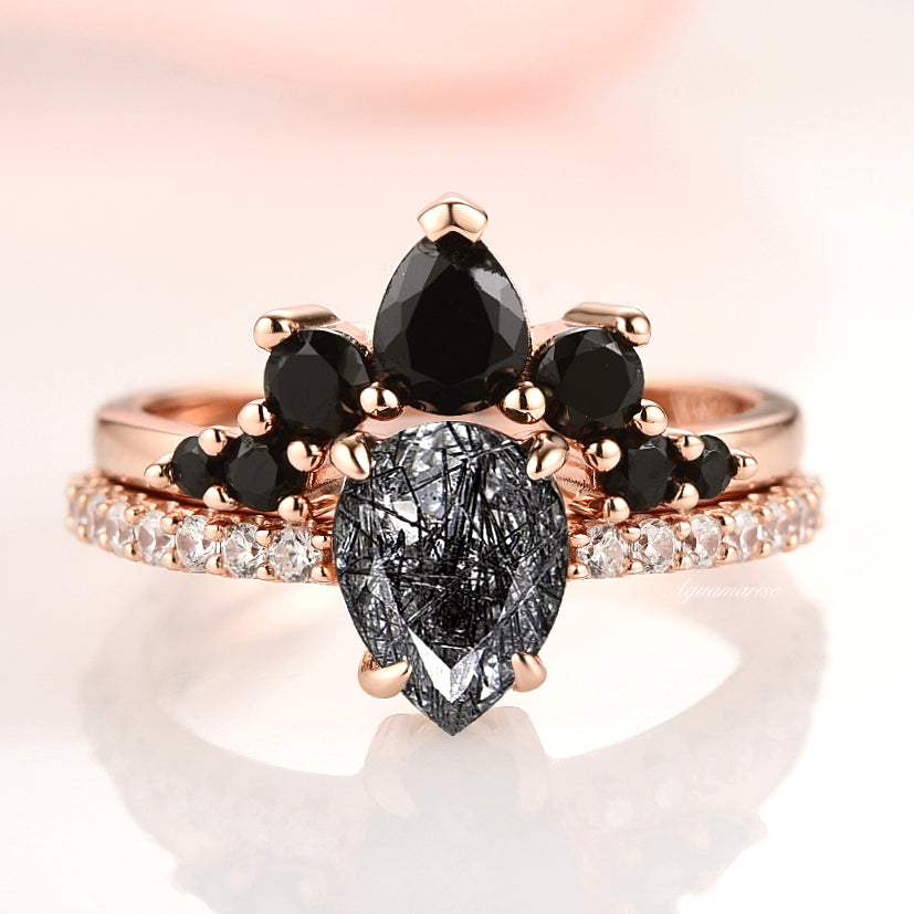 14K Rose Gold Vermeil Rutilated Quartz & Black Onyx Ring Set – Elegant Jewelry for Women, Perfect for Weddings, Parties & Everyday Wear